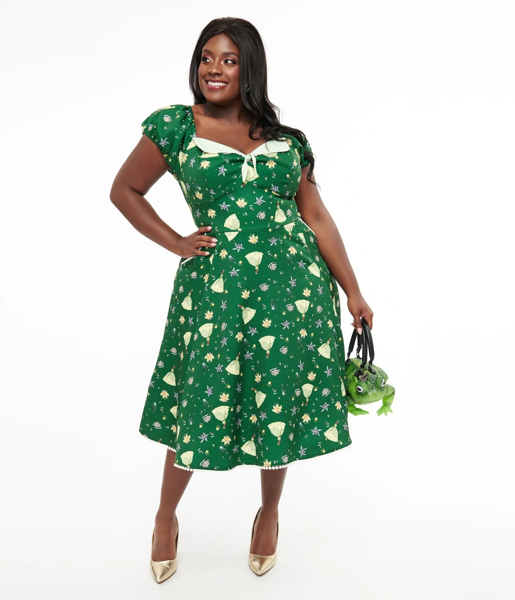 Disney Princess collection by Unique Vintage Plus Size Green Princess Tiana All Over Print Swing Dress Casual Everyday Look