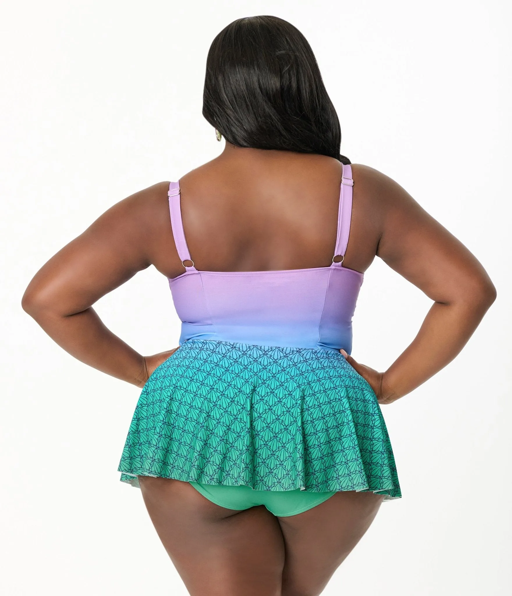 Disney Princess Collection by Unique Vintage Plus Size Mermaid Ombre Skirted One Piece Ariel Swimsuit Beach Vacation Ready
