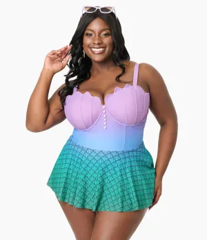 Disney Princess Collection by Unique Vintage Plus Size Mermaid Ombre Skirted One Piece Ariel Swimsuit Beach Vacation Ready