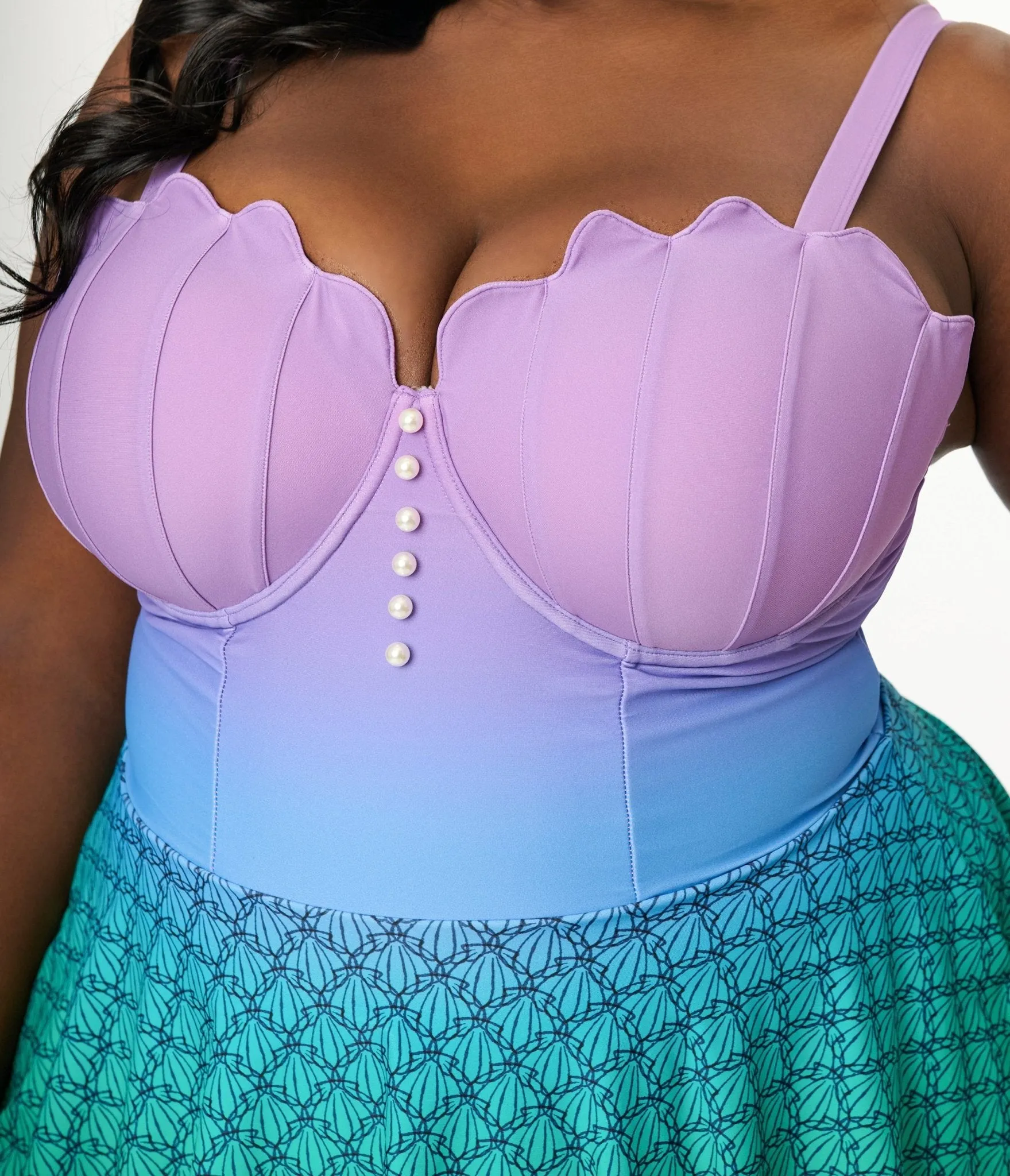 Disney Princess Collection by Unique Vintage Plus Size Mermaid Ombre Skirted One Piece Ariel Swimsuit Beach Vacation Ready