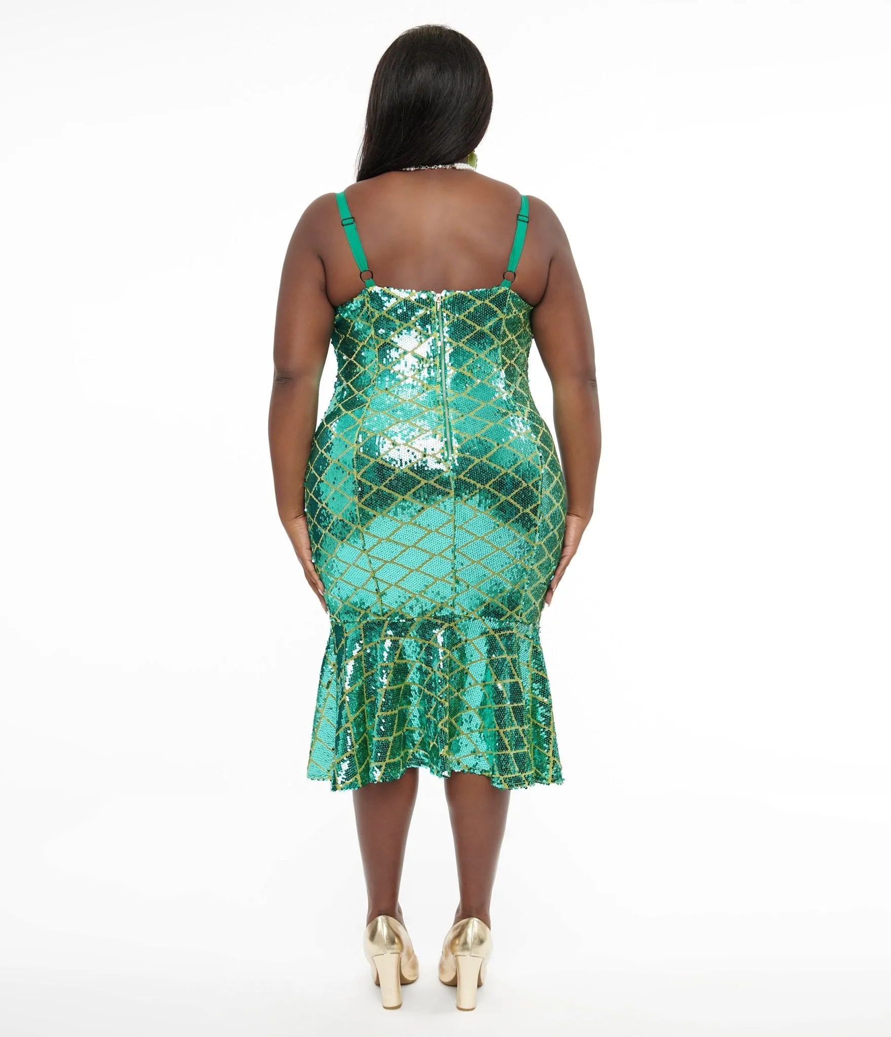 Disney Princess collection by Unique Vintage Plus Size Princess Ariel Green & Gold Sequin Wiggle Dress Casual Everyday Look