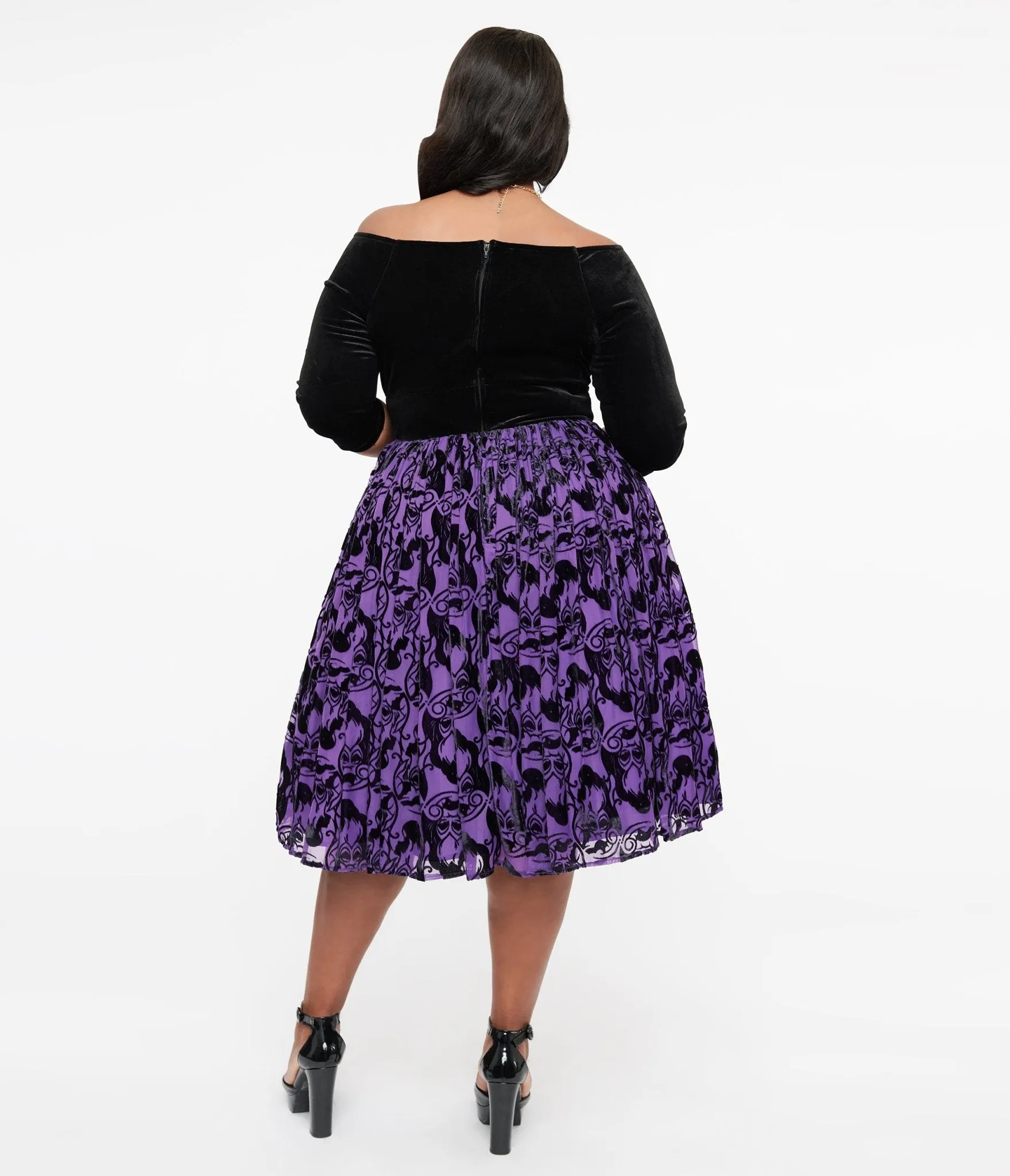 Disney Princess collection by Unique Vintage Plus Size Purple & Black Ursula Burnout Velvet Marceline Swing Dress Casual Everyday Look