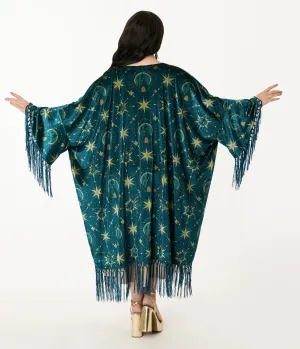 Disney Princess Collection by Unique Vintage Teal & Gold Royal Palace Velvet Fringe Kimono Easy Date Night