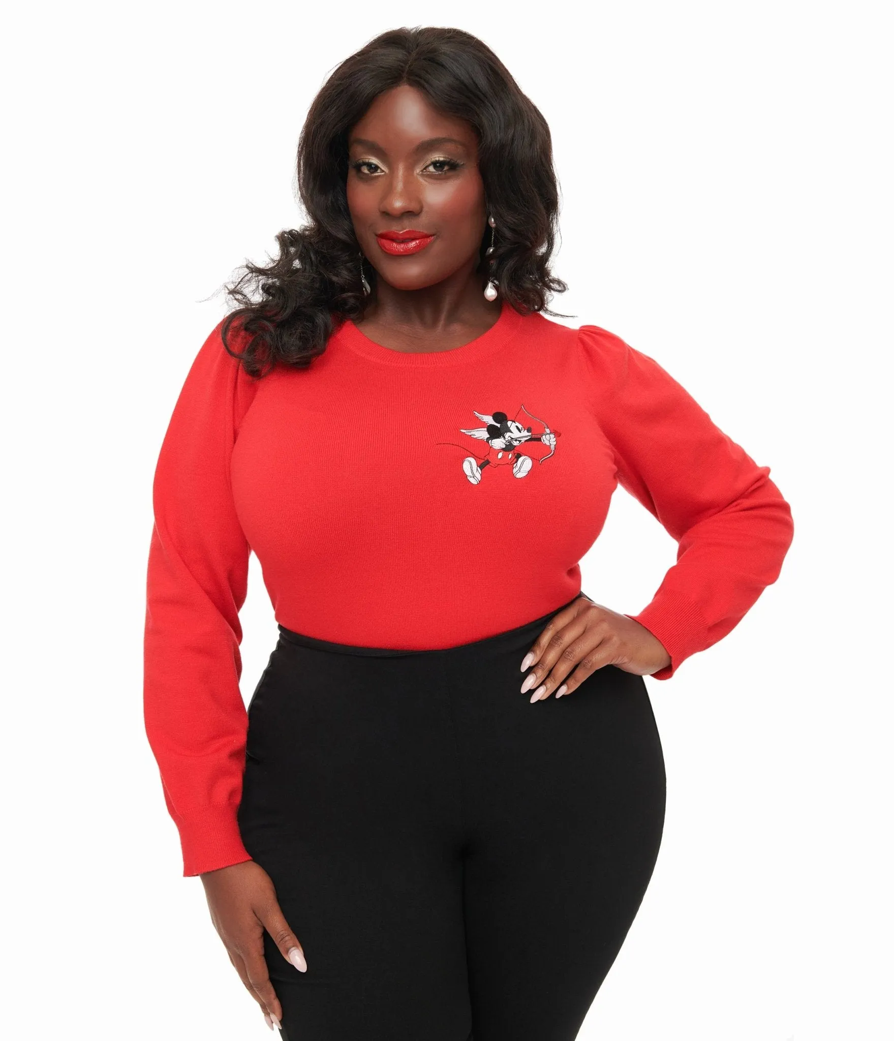 Disney Valentine Collection by Unique Vintage Plus Size Red Cupid Mickey Embroidered Sweater Easy Date Night