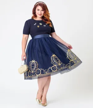 Disney's Cinderella Collection by Unique Vintage Plus Size Navy Flocked Tulle & Gold Glitter Cinderella Carriage Ballerina Skirt Comfortable Travel Wear