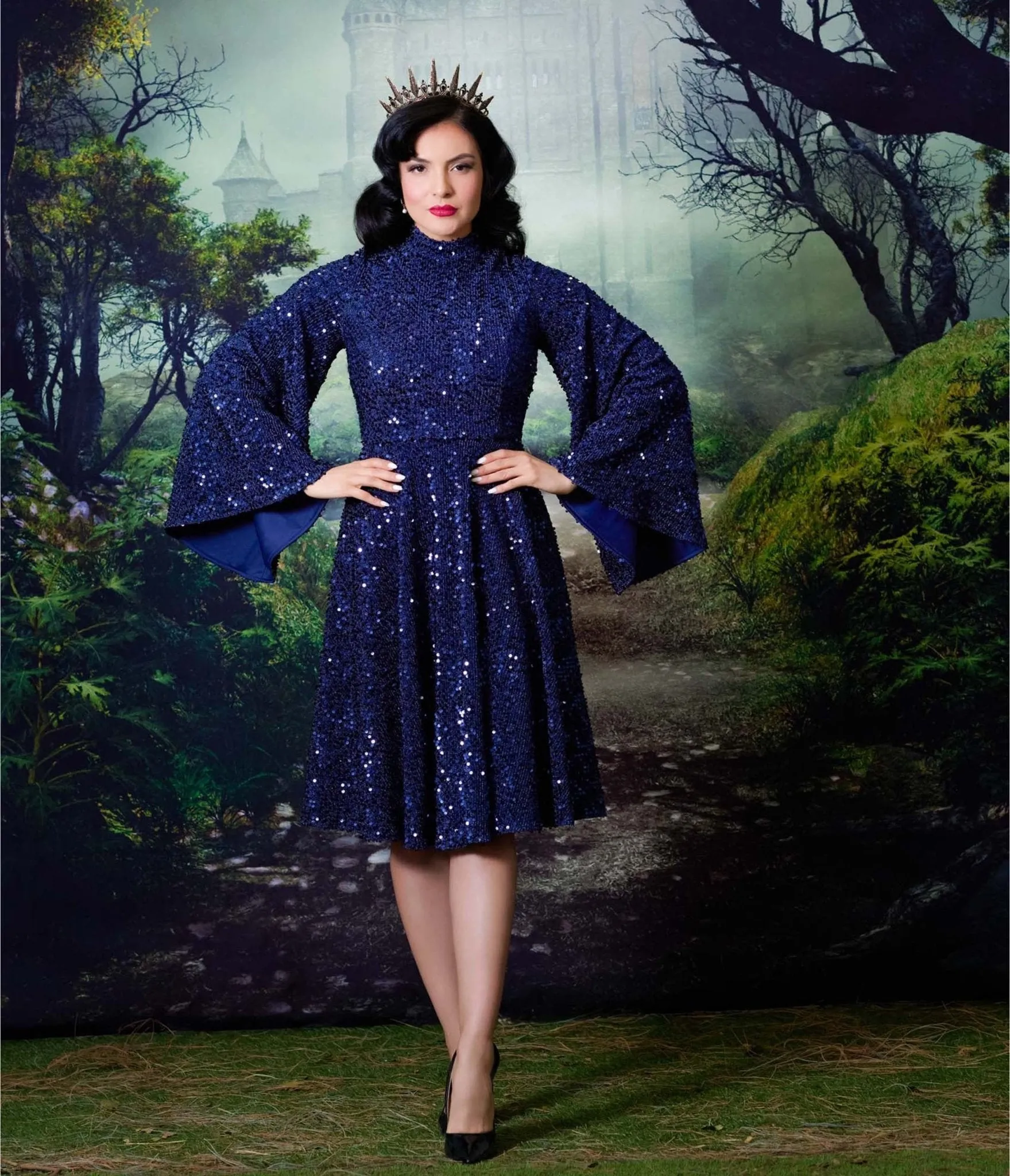 Disney's Snow White Collection by Unique Vintage Plus Size Evil Queen Sequin Mock Neck Swing Dress Casual Everyday Look