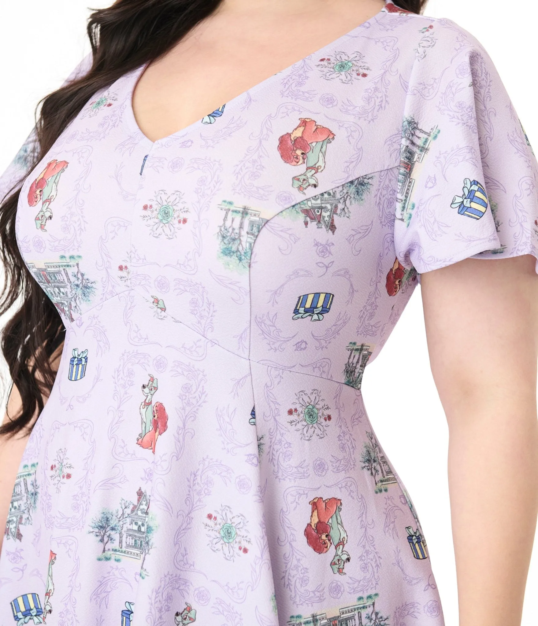 Disney's The Lady & The Tramp Collection by Unique Vintage Plus Size Lavender Lady & Tramp Print Flare Dress Casual Everyday Look