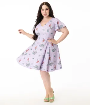 Disney's The Lady & The Tramp Collection by Unique Vintage Plus Size Lavender Lady & Tramp Print Flare Dress Casual Everyday Look