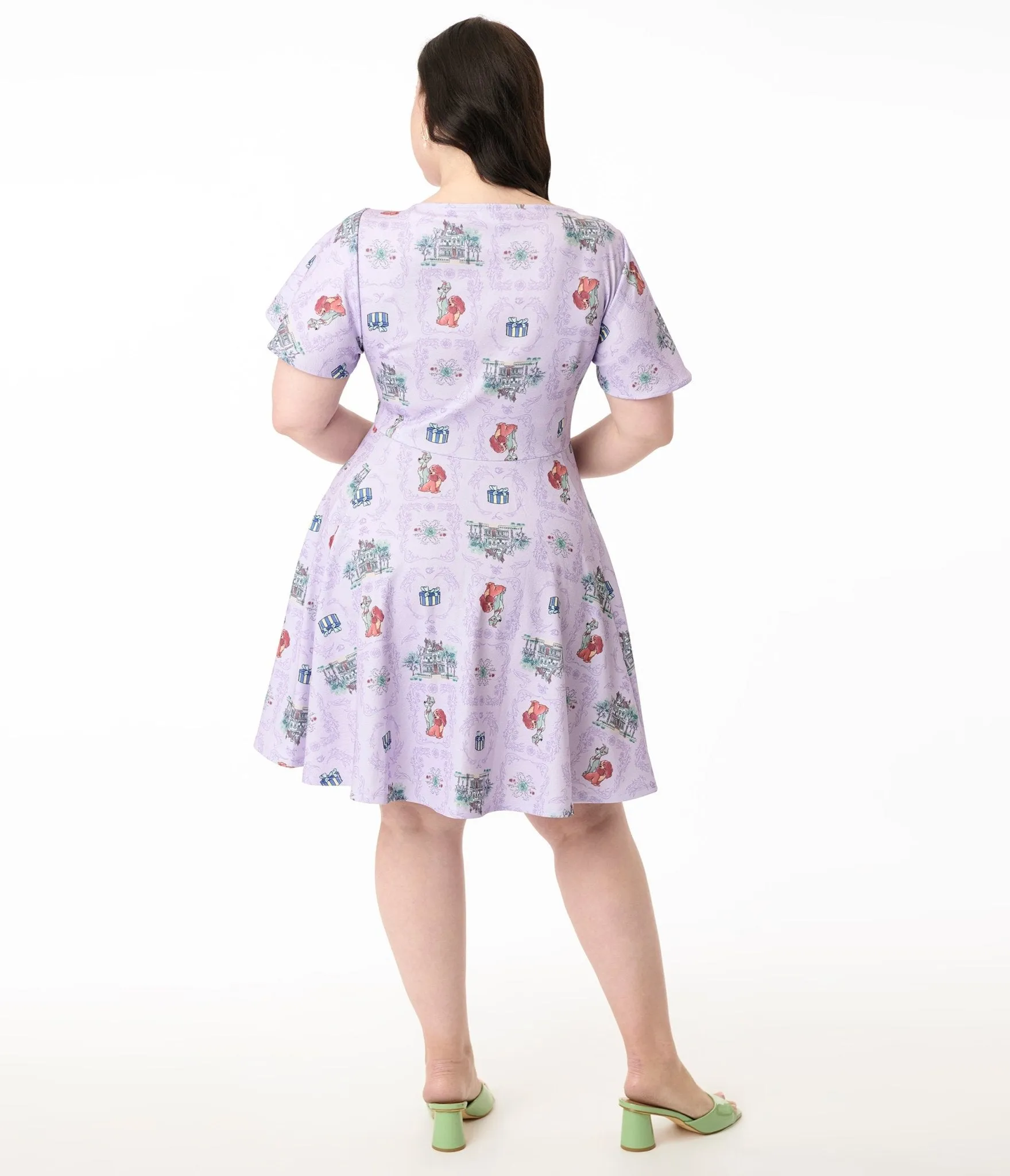Disney's The Lady & The Tramp Collection by Unique Vintage Plus Size Lavender Lady & Tramp Print Flare Dress Casual Everyday Look