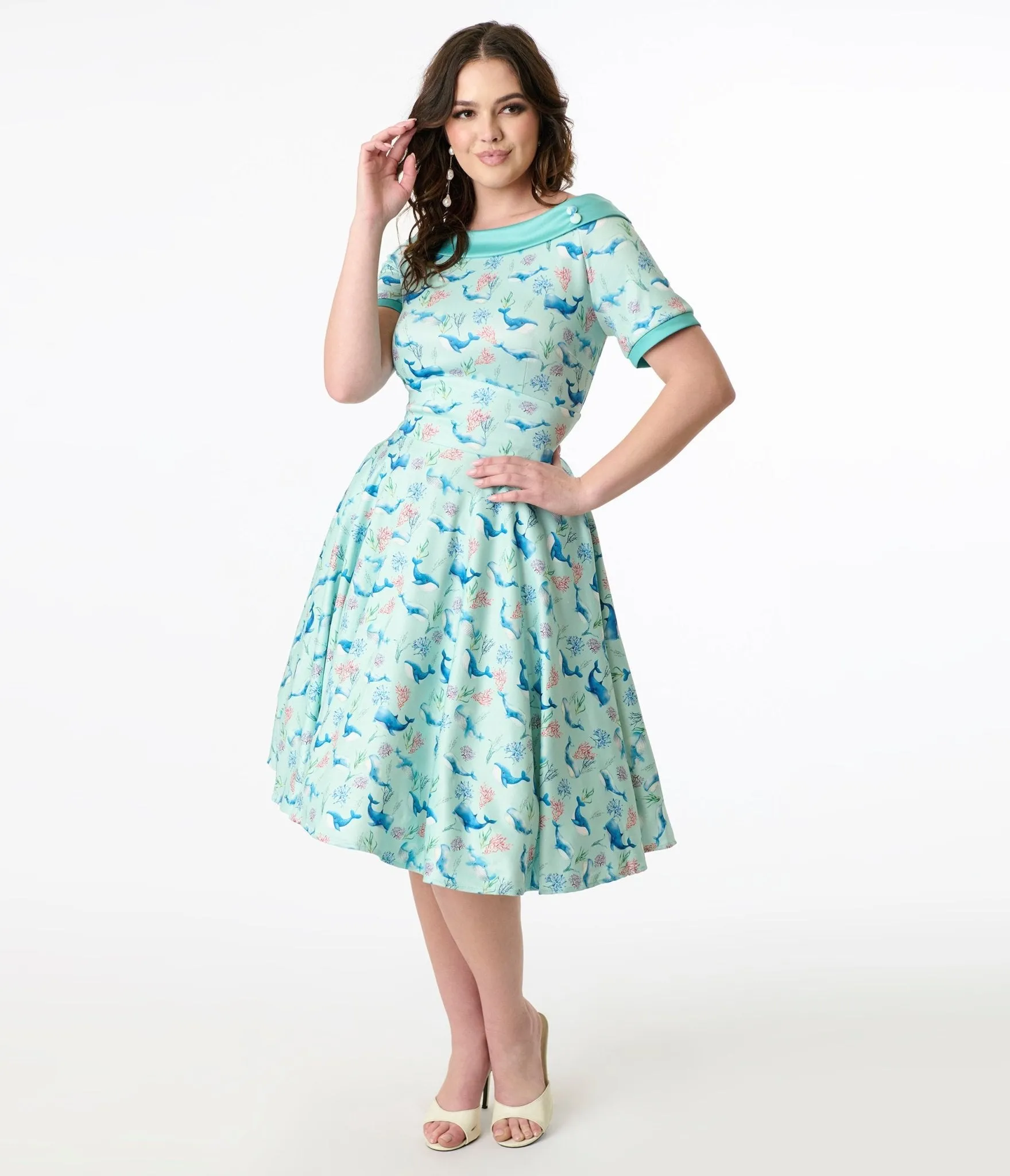 Dolly & Dotty 1950s Baby Blue Whale Print Darlene Swing Dress Casual Everyday Look
