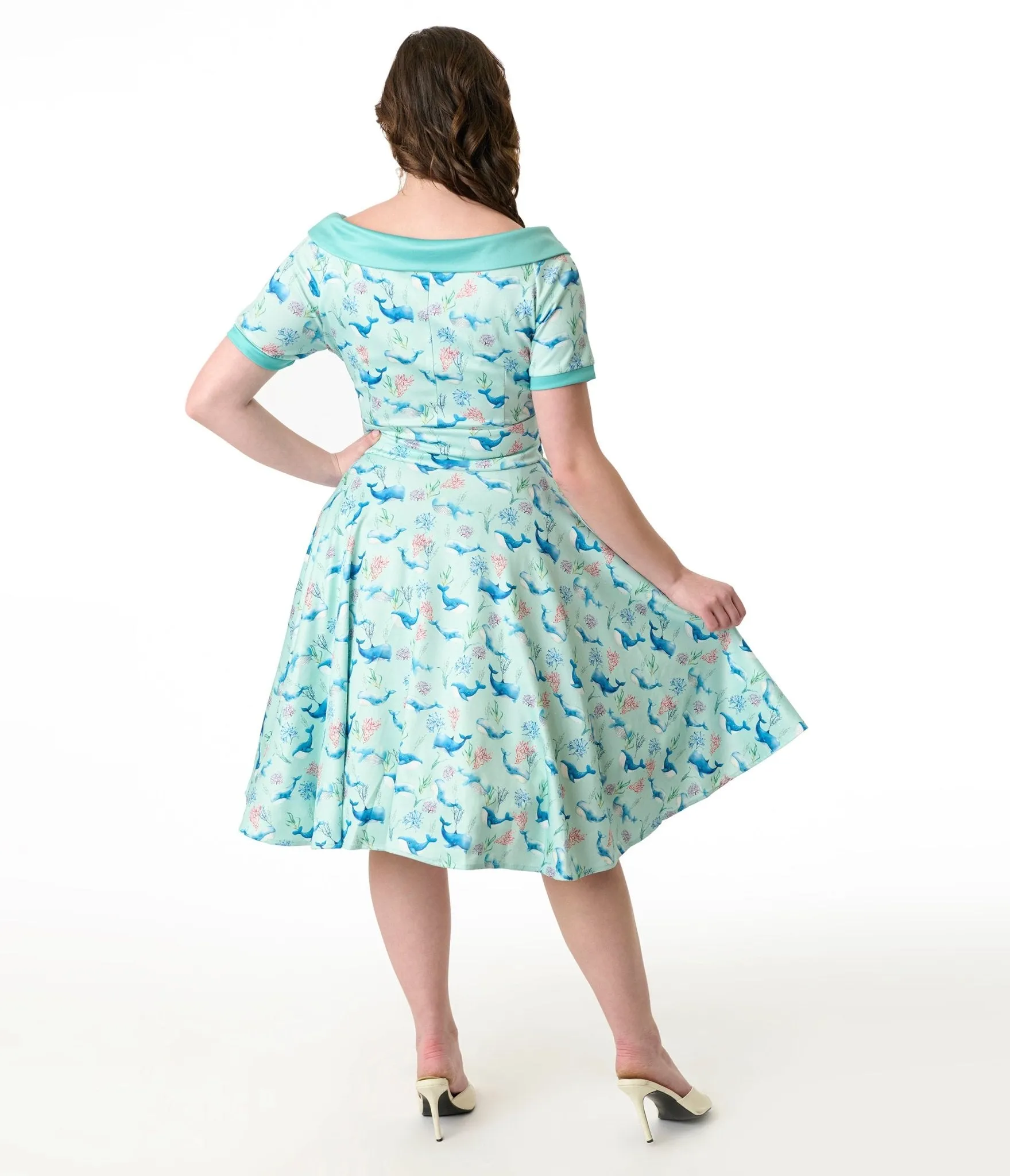 Dolly & Dotty 1950s Baby Blue Whale Print Darlene Swing Dress Casual Everyday Look