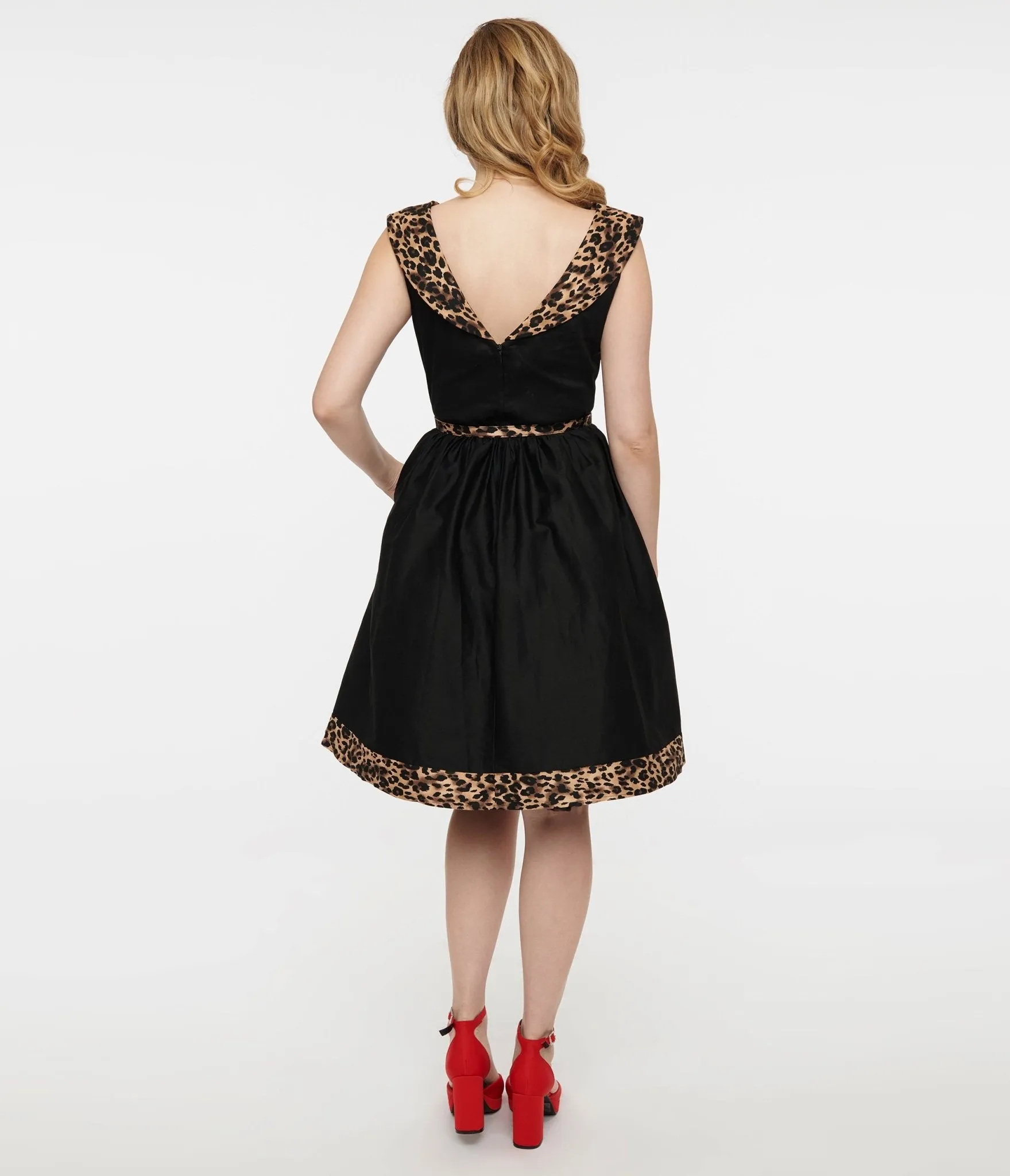 Dolly & Dotty 1950s Black & Leopard Cindy Swing Dress Casual Everyday Look