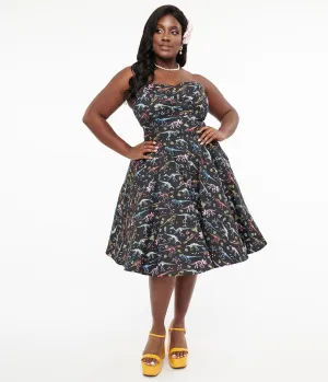 Dolly & Dotty 1950s Black & Rainbow Fossil Print Strapless Cotton Swing Dress Casual Everyday Look