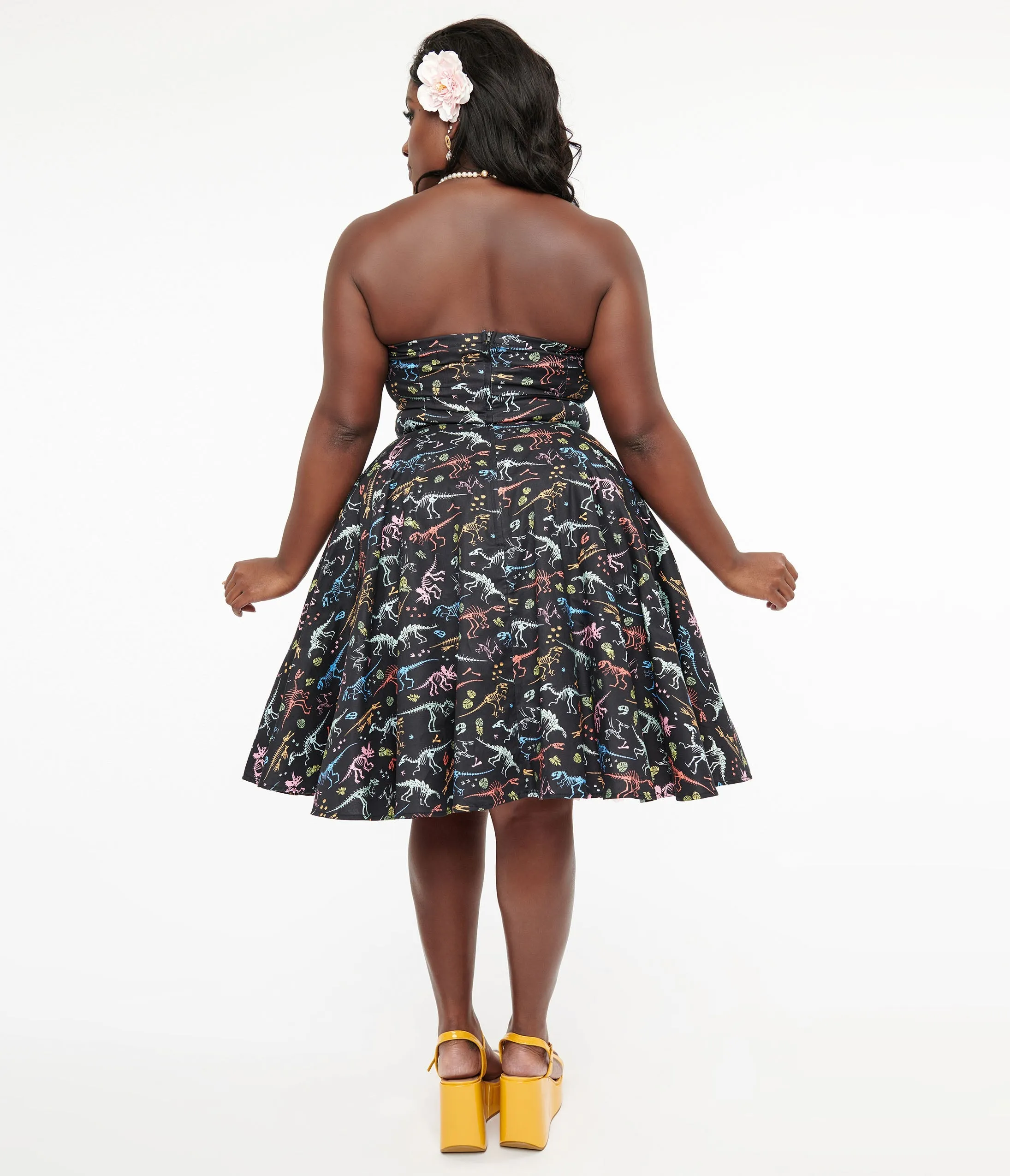 Dolly & Dotty 1950s Black & Rainbow Fossil Print Strapless Cotton Swing Dress Casual Everyday Look