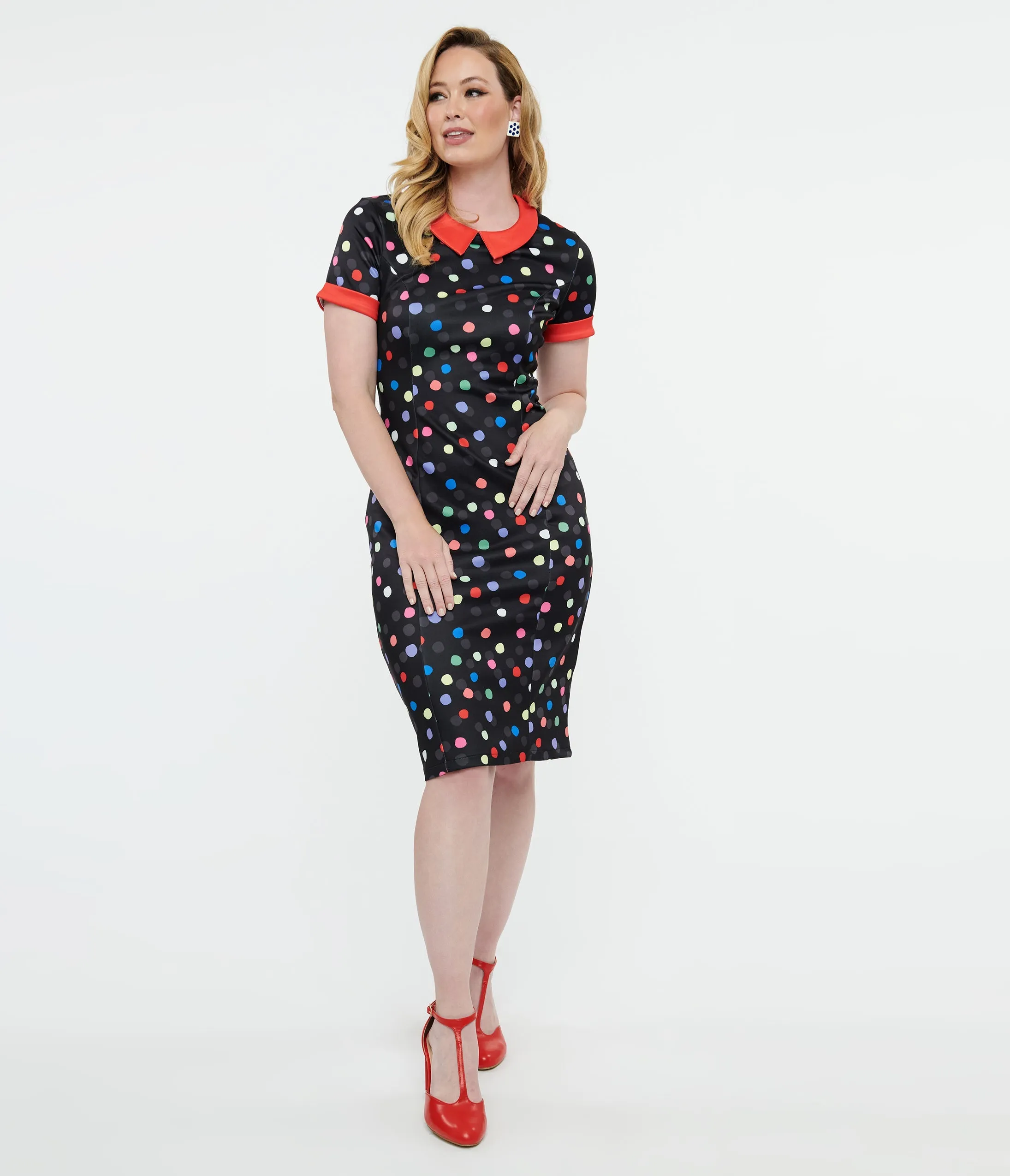 Dolly & Dotty 1950s Black & Rainbow Polka Dot Toni Wiggle Dress Casual Everyday Look