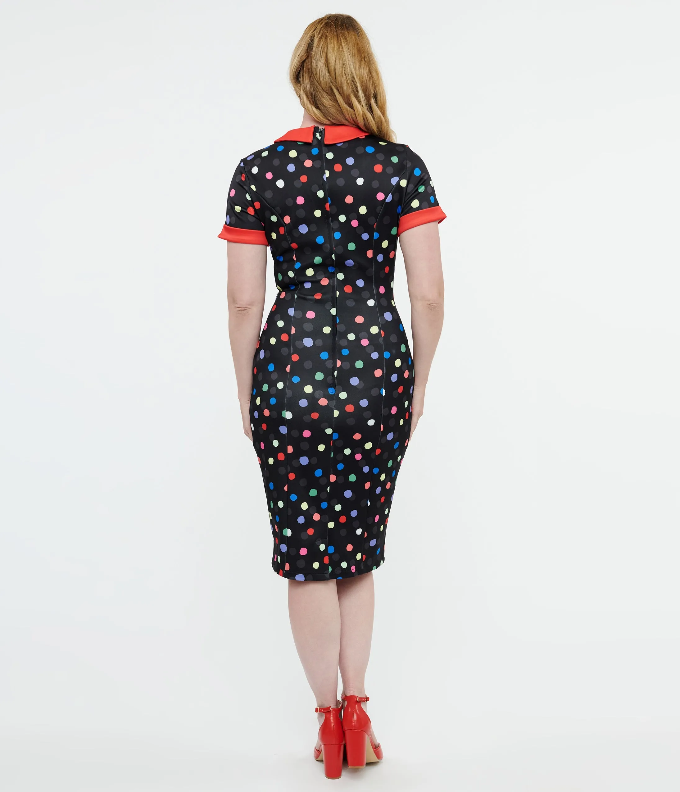 Dolly & Dotty 1950s Black & Rainbow Polka Dot Toni Wiggle Dress Casual Everyday Look