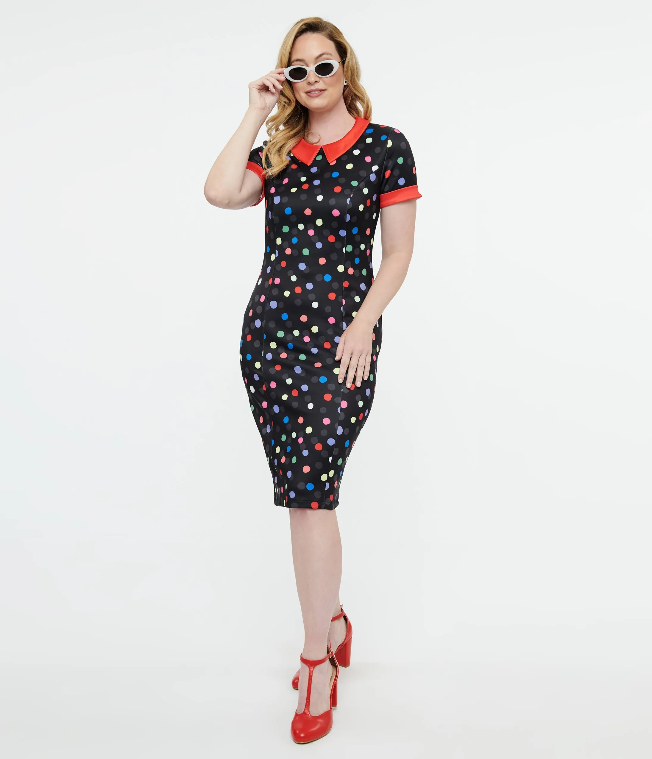 Dolly & Dotty 1950s Black & Rainbow Polka Dot Toni Wiggle Dress Casual Everyday Look