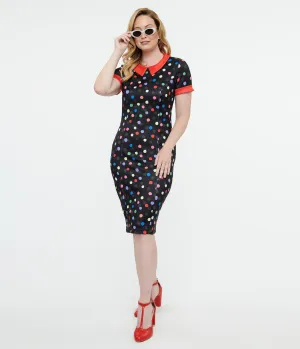 Dolly & Dotty 1950s Black & Rainbow Polka Dot Toni Wiggle Dress Casual Everyday Look