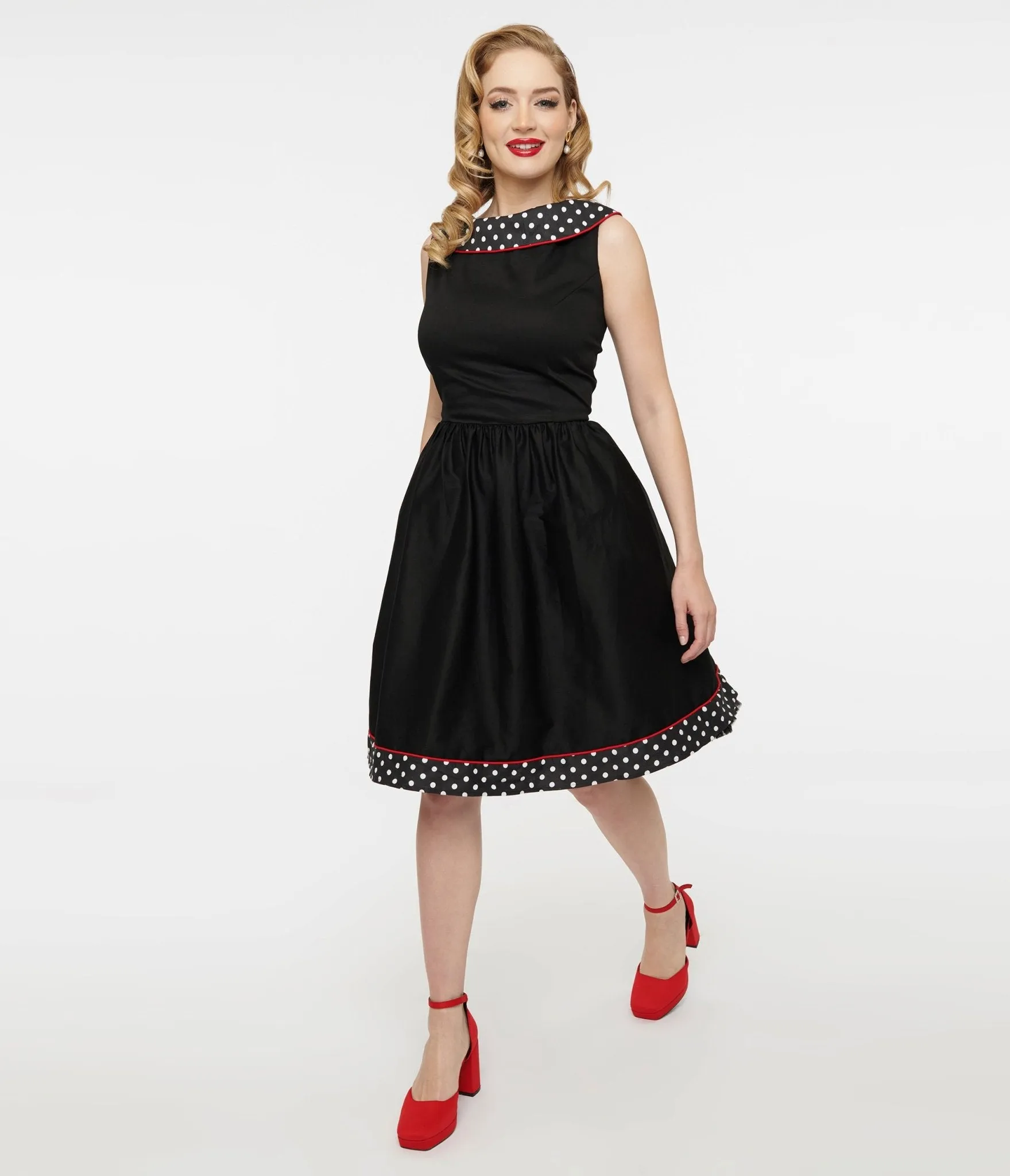 Dolly & Dotty 1950s Black & White Polka Dot Cindy Swing Dress Casual Everyday Look