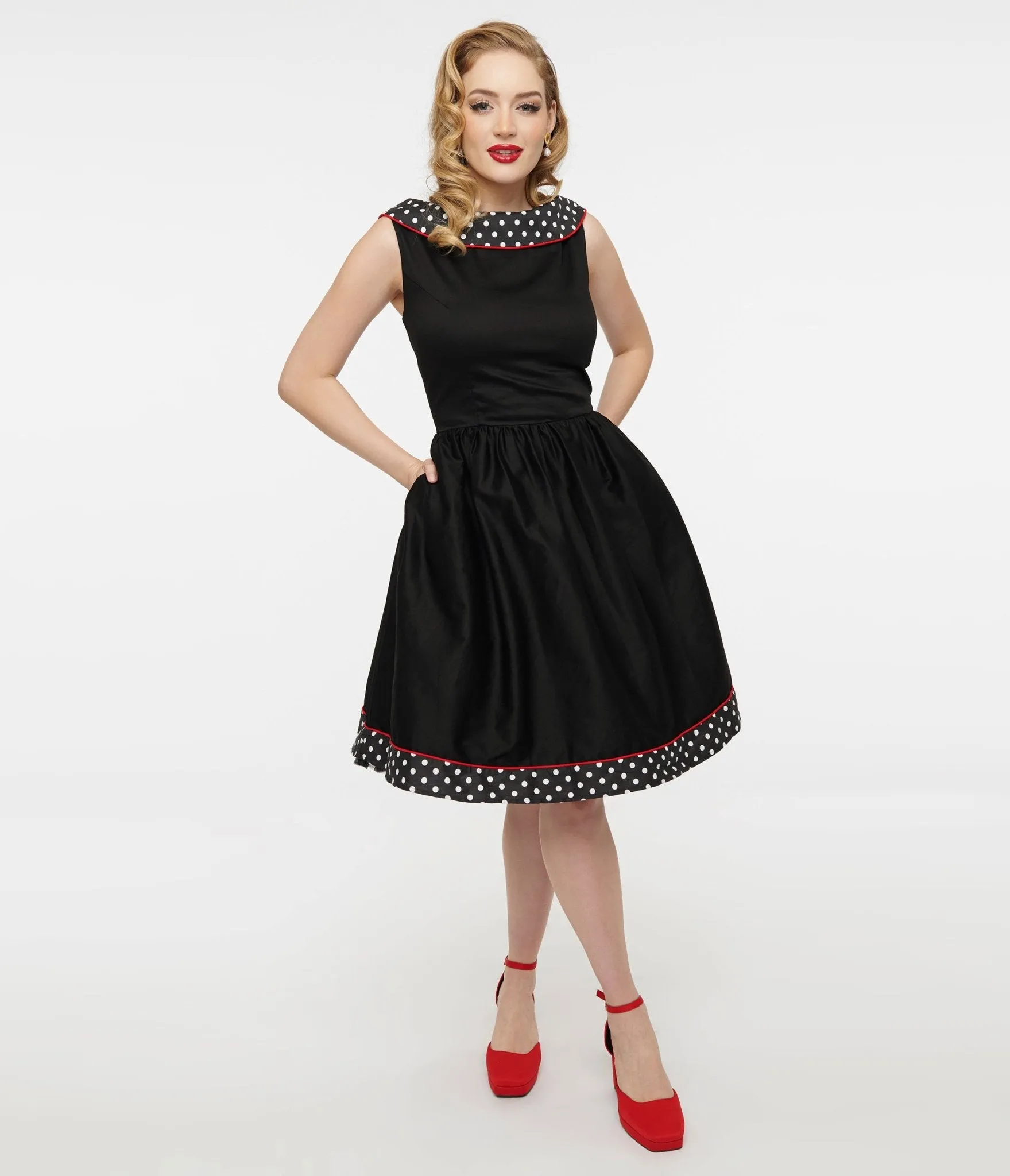Dolly & Dotty 1950s Black & White Polka Dot Cindy Swing Dress Casual Everyday Look