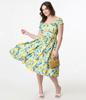 Dolly & Dotty 1950s Blue & Yellow Lemon Off The Shoulder Lily Swing Dress Casual Everyday Look