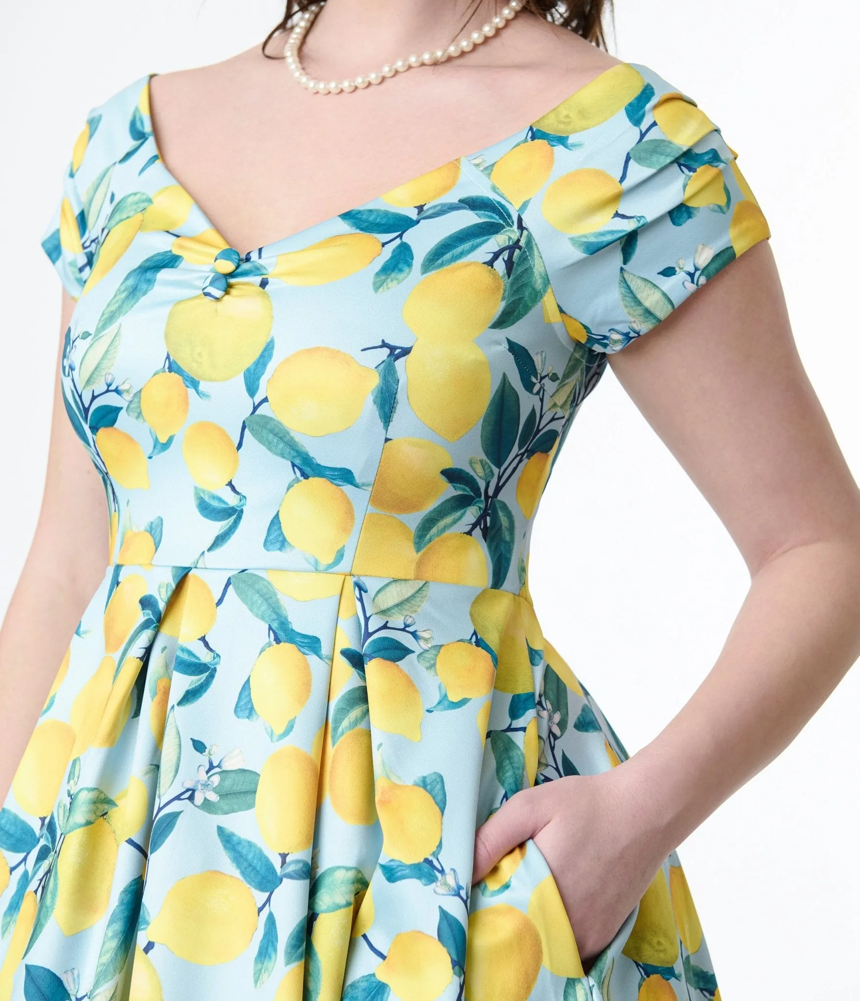 Dolly & Dotty 1950s Blue & Yellow Lemon Off The Shoulder Lily Swing Dress Casual Everyday Look