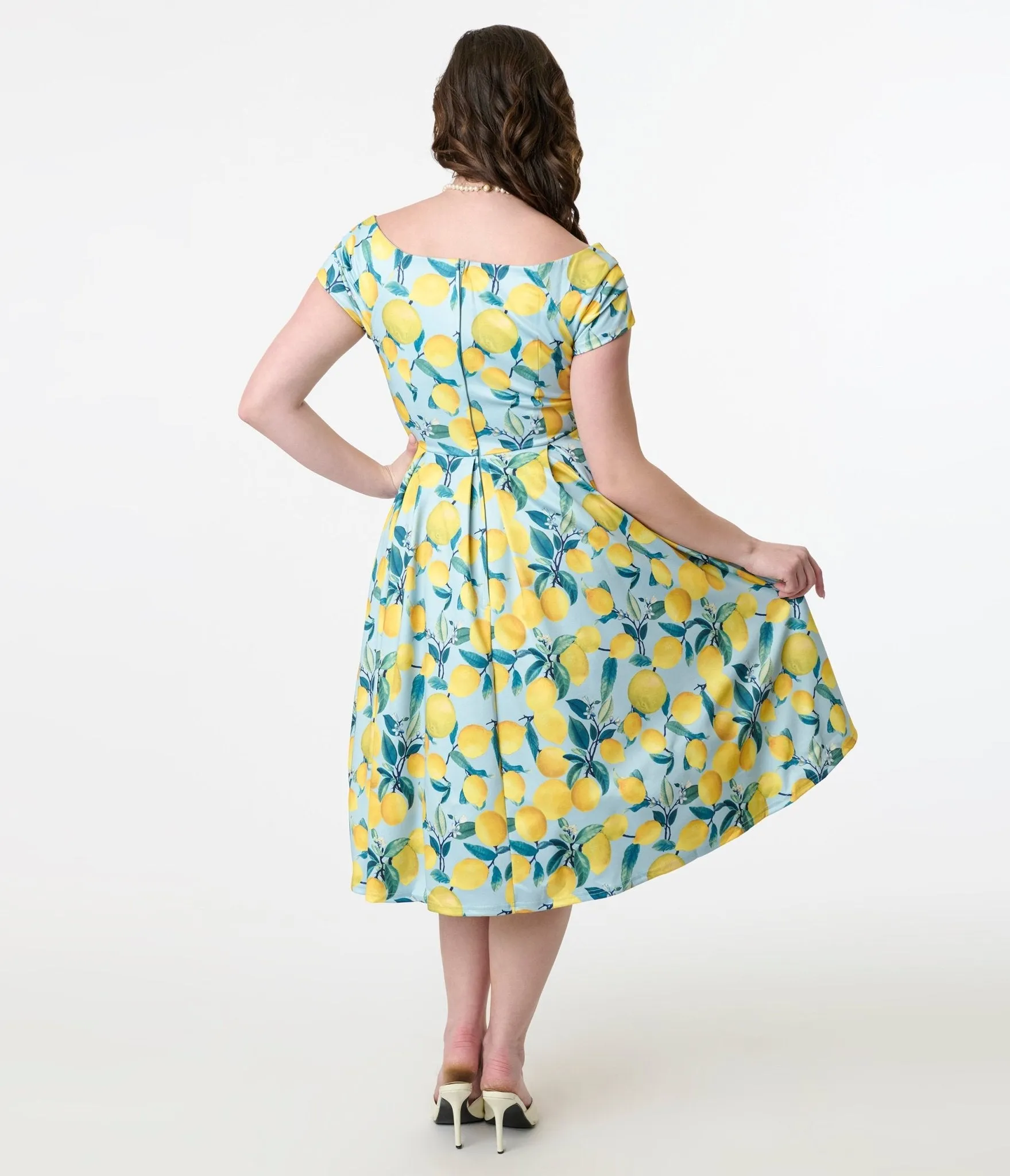 Dolly & Dotty 1950s Blue & Yellow Lemon Off The Shoulder Lily Swing Dress Casual Everyday Look