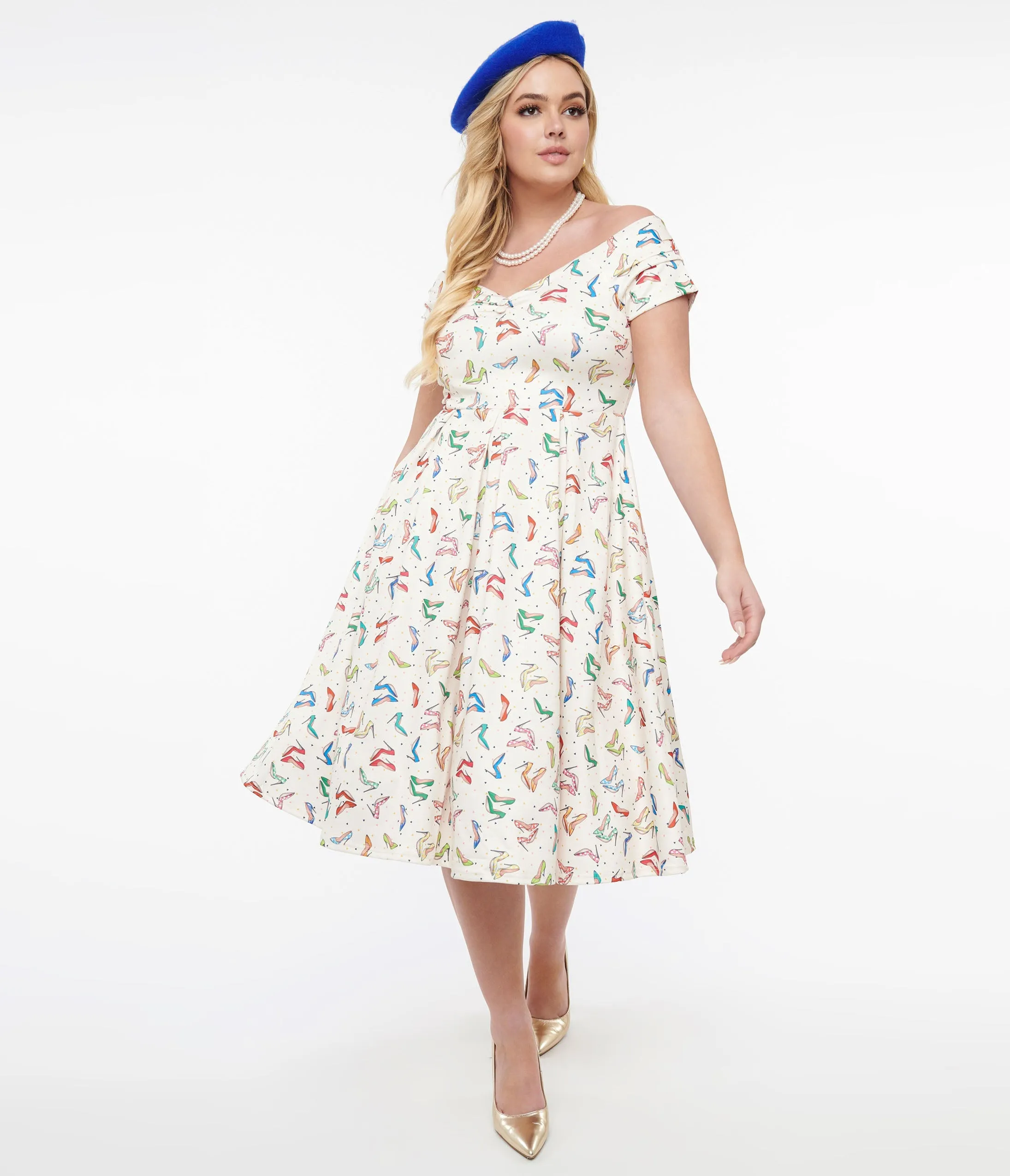 Dolly & Dotty 1950s Cream & Multicolor Heels Swing Dress Casual Everyday Look