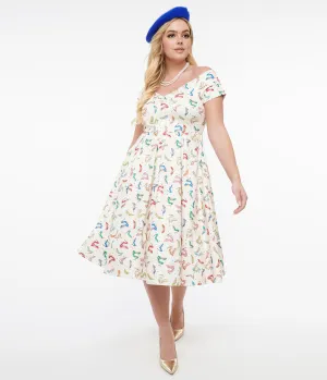 Dolly & Dotty 1950s Cream & Multicolor Heels Swing Dress Casual Everyday Look