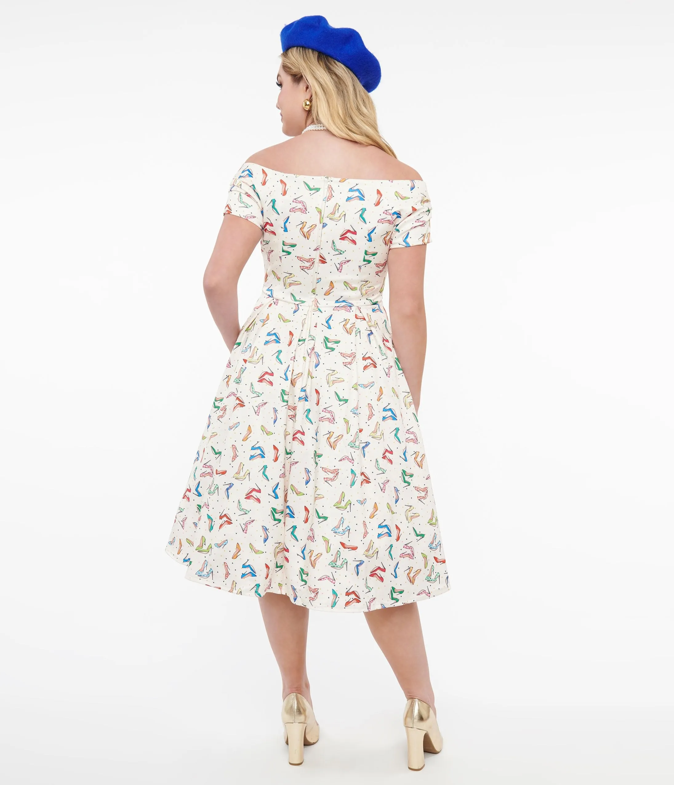 Dolly & Dotty 1950s Cream & Multicolor Heels Swing Dress Casual Everyday Look