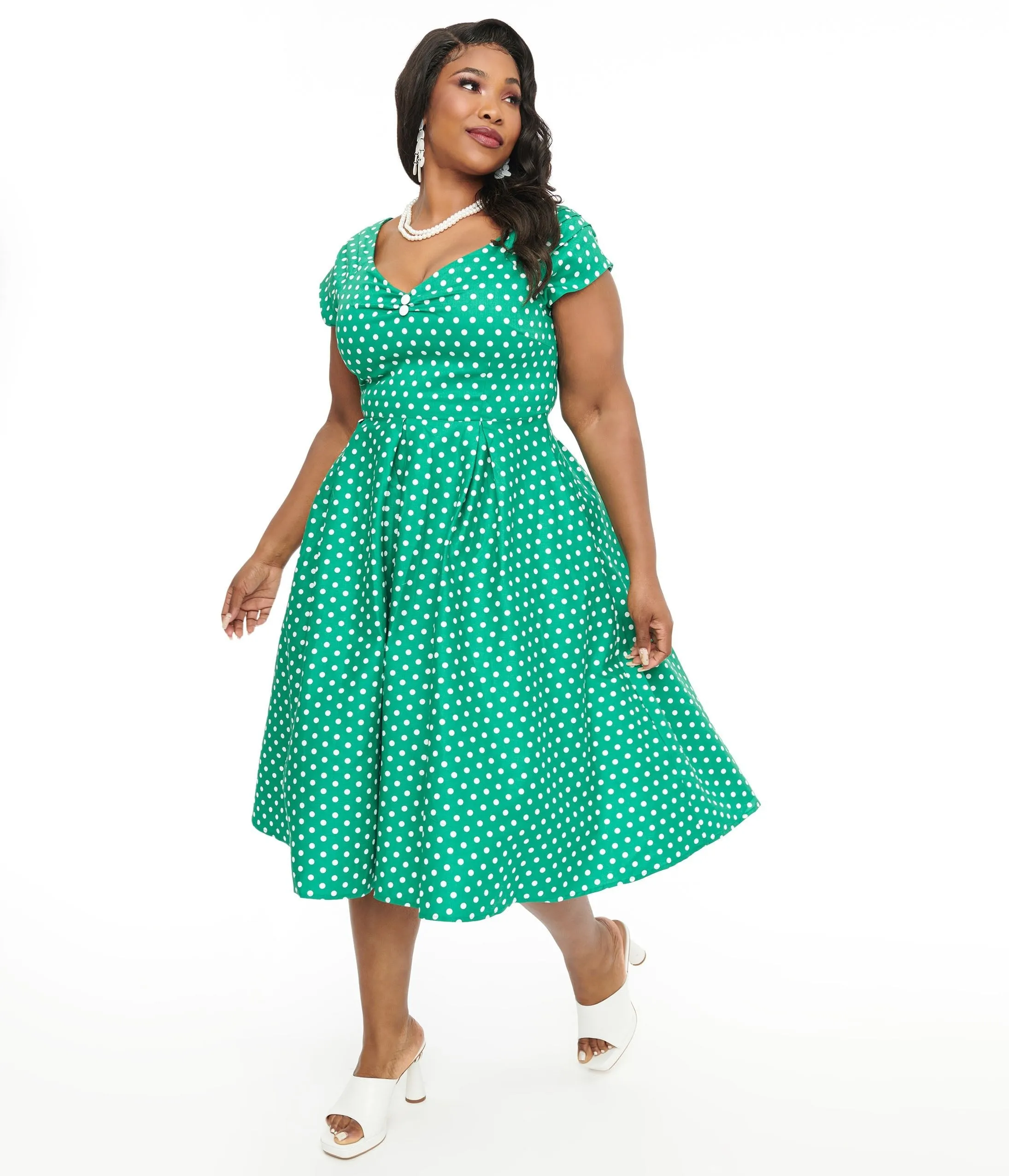 Dolly & Dotty 1950s Green & White Polka Dot Off The Shoulder Lily Swing Dress Casual Everyday Look