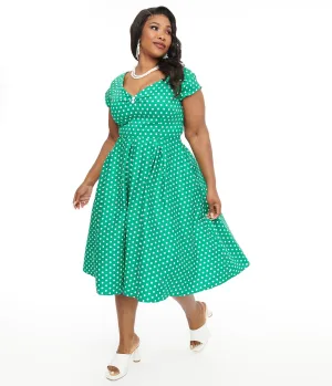 Dolly & Dotty 1950s Green & White Polka Dot Off The Shoulder Lily Swing Dress Casual Everyday Look