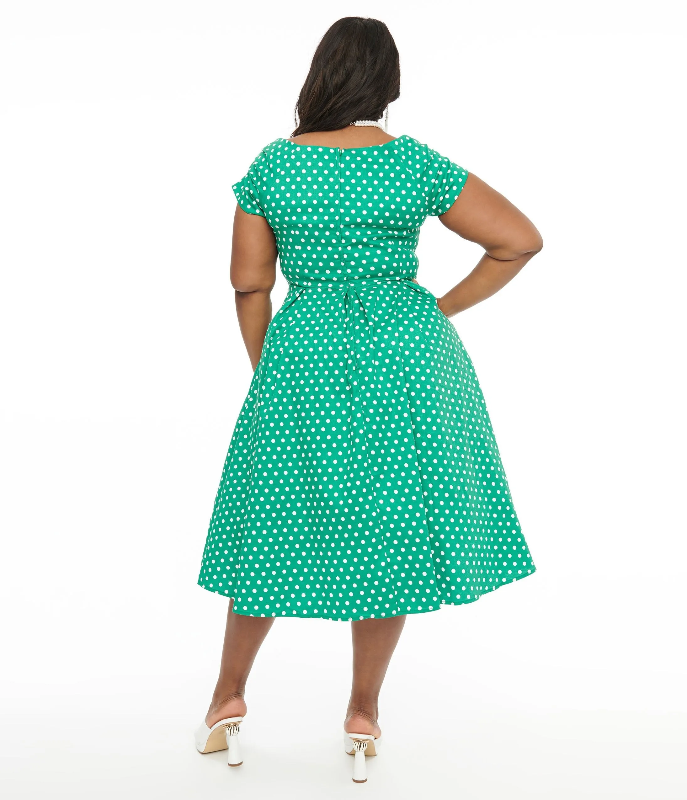Dolly & Dotty 1950s Green & White Polka Dot Off The Shoulder Lily Swing Dress Casual Everyday Look