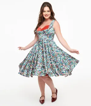 Dolly & Dotty 1950s Navy & Rose Print Grace Swing Dress Casual Everyday Look
