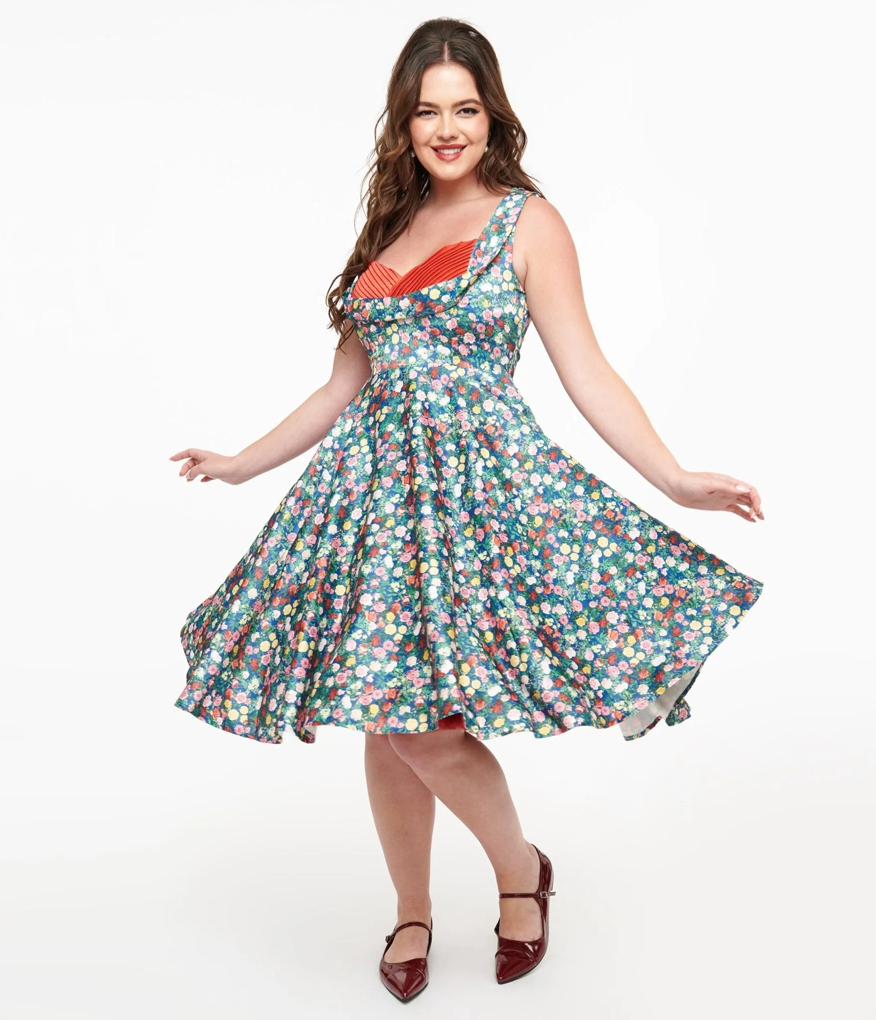 Dolly & Dotty 1950s Navy & Rose Print Grace Swing Dress Casual Everyday Look