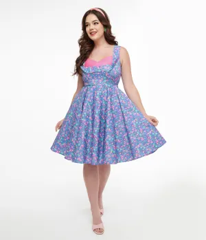 Dolly & Dotty 1950s Purple & Pink Flamingo Leaf Print Grace Swing Dress Casual Everyday Look