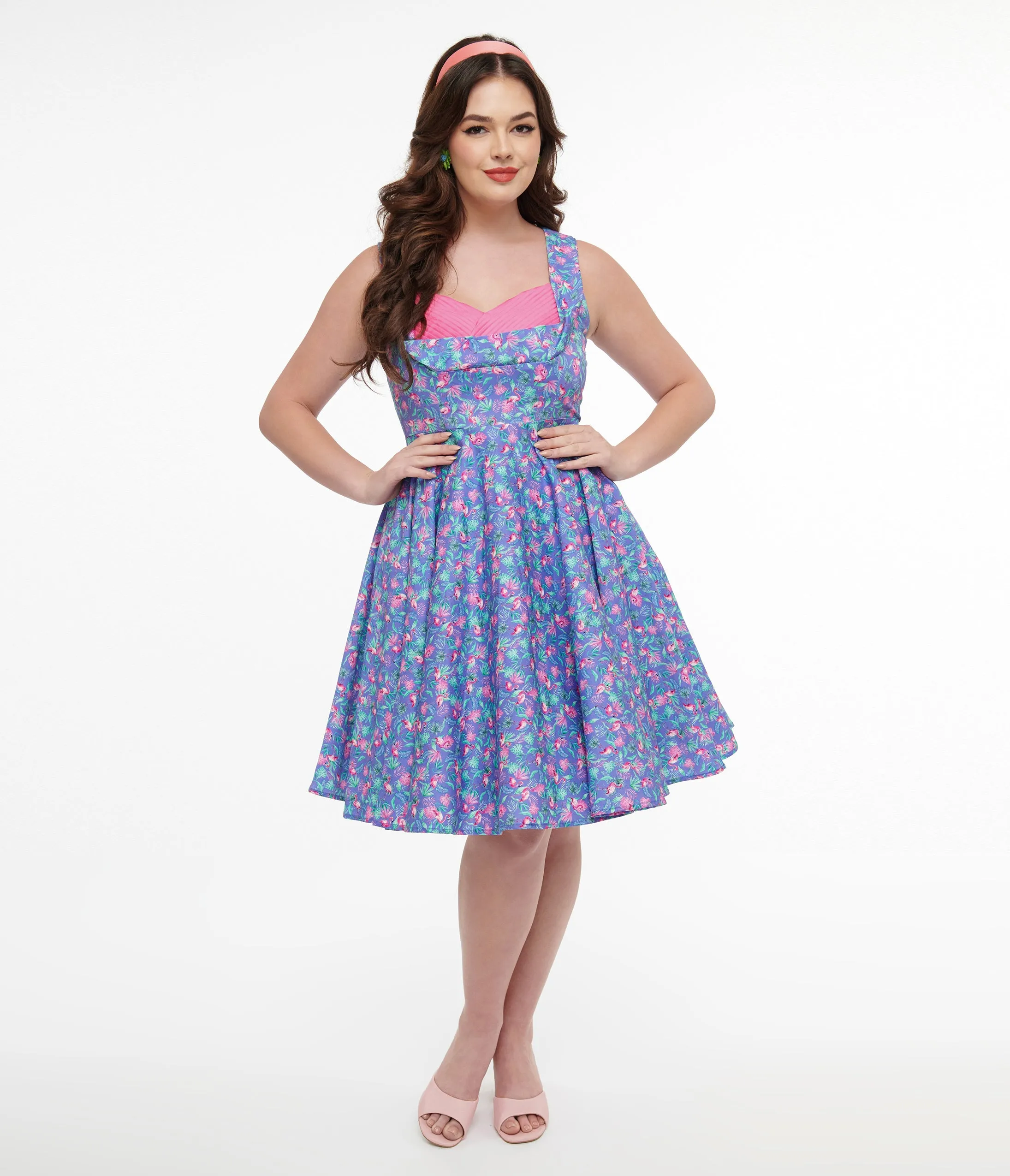 Dolly & Dotty 1950s Purple & Pink Flamingo Leaf Print Grace Swing Dress Casual Everyday Look