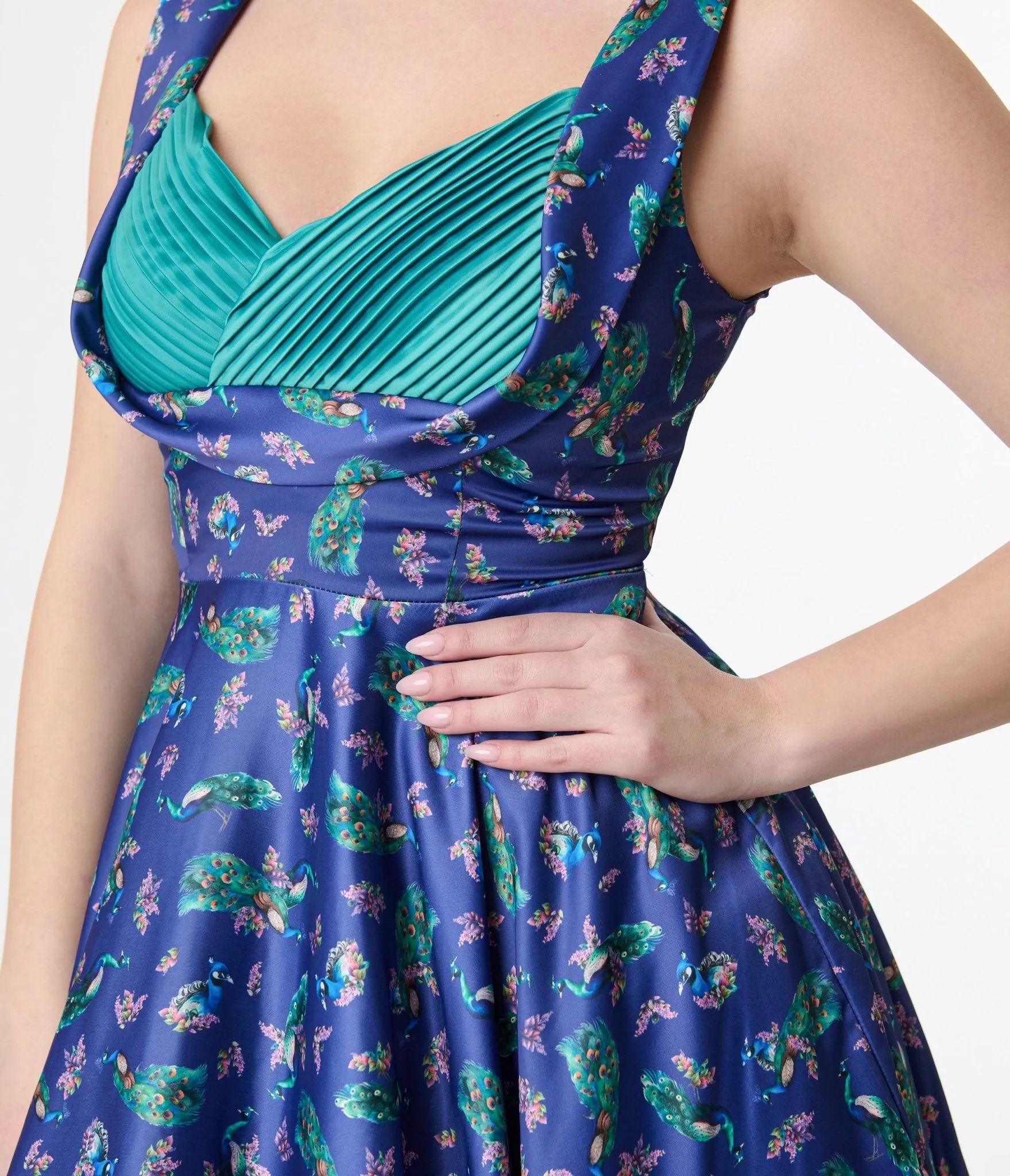 Dolly & Dotty 1950s Purple & Teal Peacock Print Grace Swing Dress Casual Everyday Look