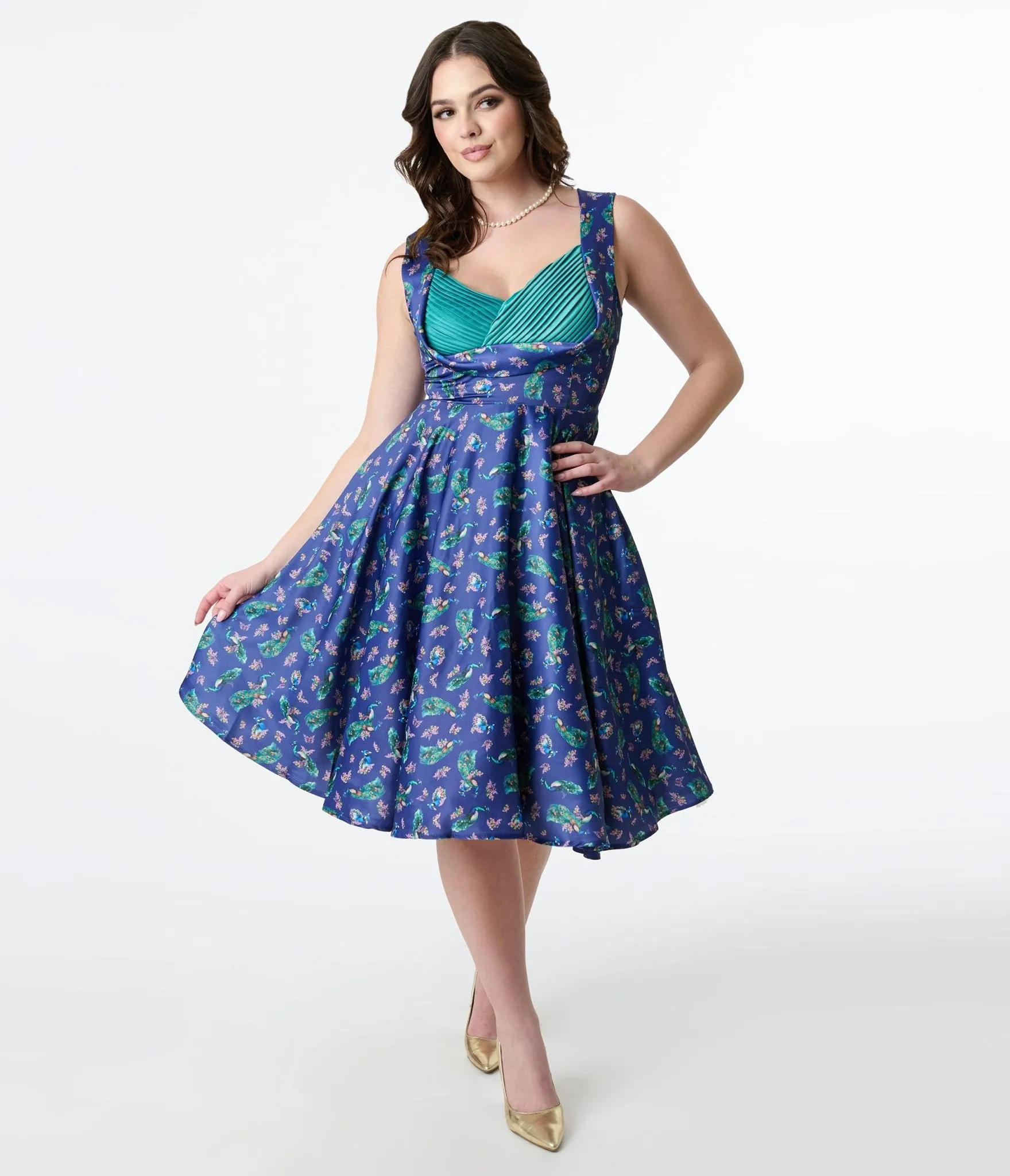 Dolly & Dotty 1950s Purple & Teal Peacock Print Grace Swing Dress Casual Everyday Look