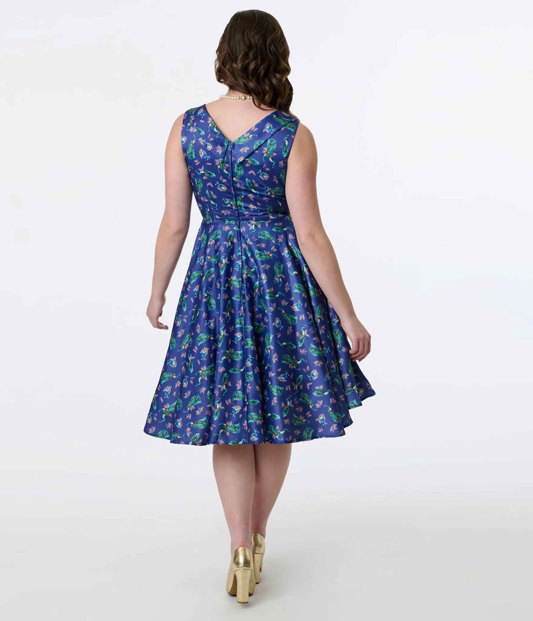 Dolly & Dotty 1950s Purple & Teal Peacock Print Grace Swing Dress Casual Everyday Look