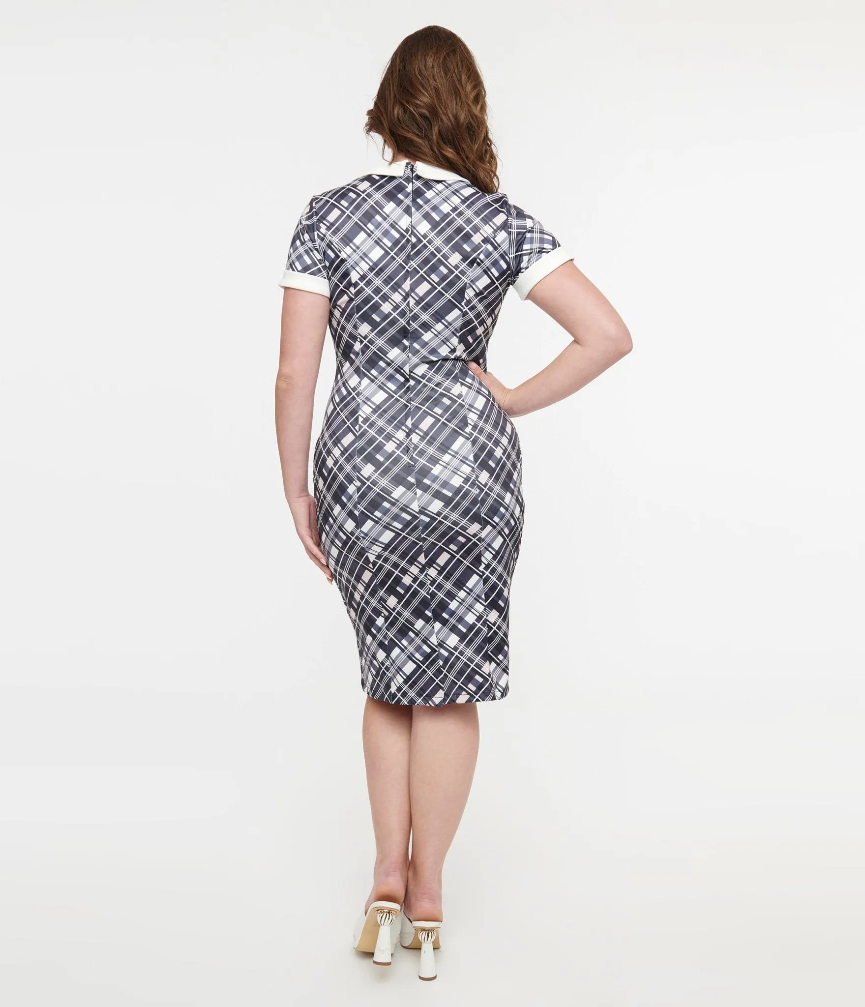 Dolly & Dotty 1950s White & Black Checkered Toni Wiggle Dress Casual Everyday Look