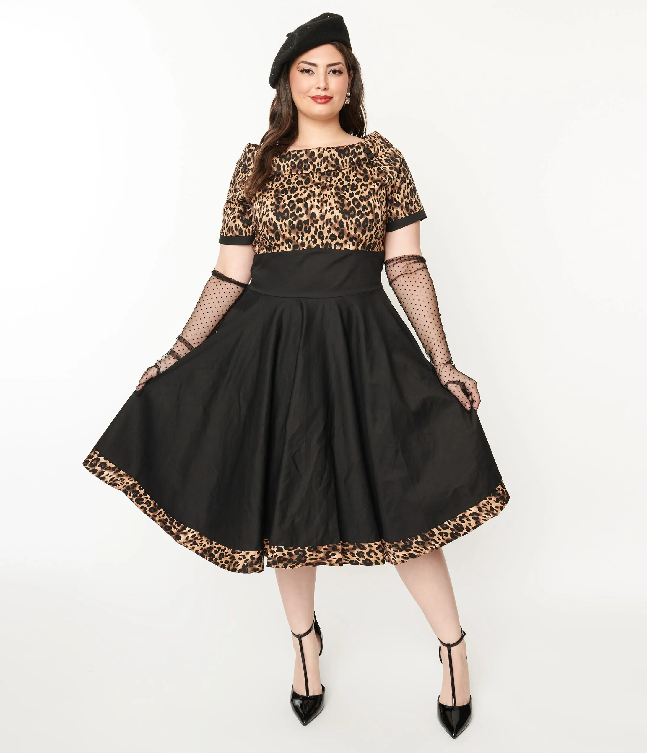 Dolly & Dotty Black & Leopard Print Darlene Swing Dress Casual Everyday Look