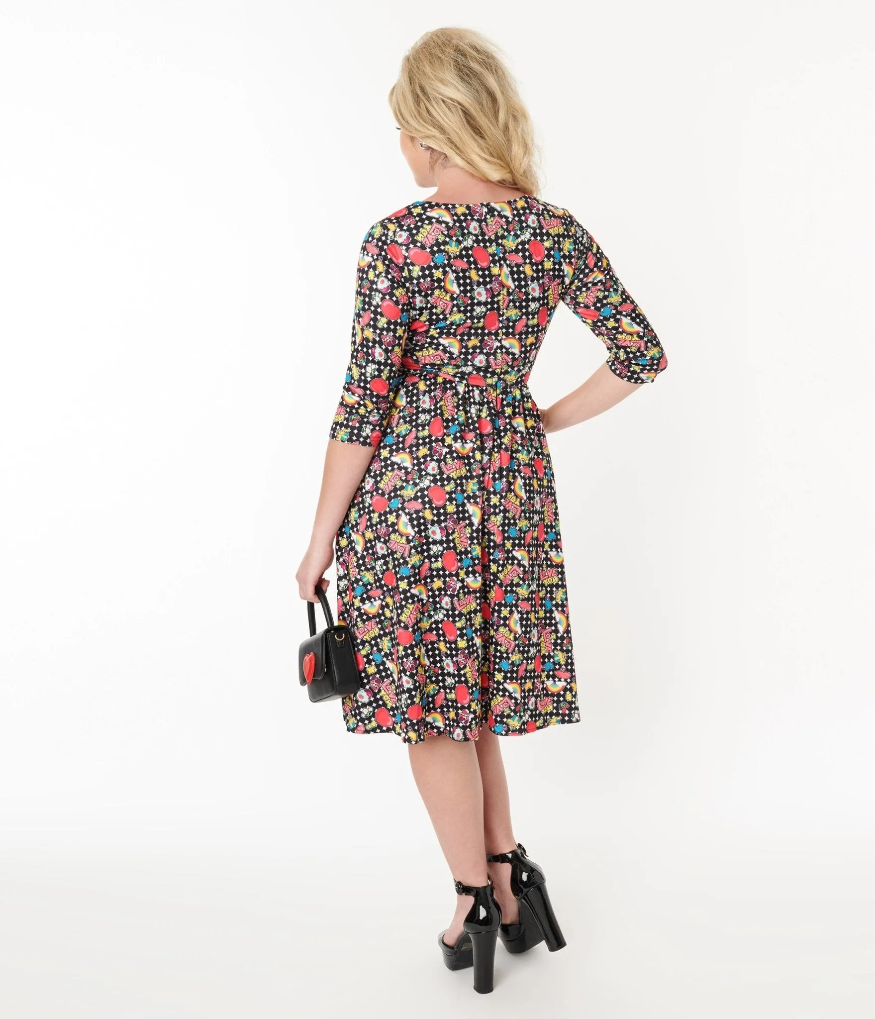 Dolly & Dotty Black & Rainbow Retro Print Flare Dress Casual Everyday Look