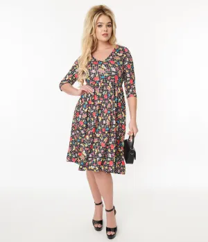 Dolly & Dotty Black & Rainbow Retro Print Flare Dress Casual Everyday Look