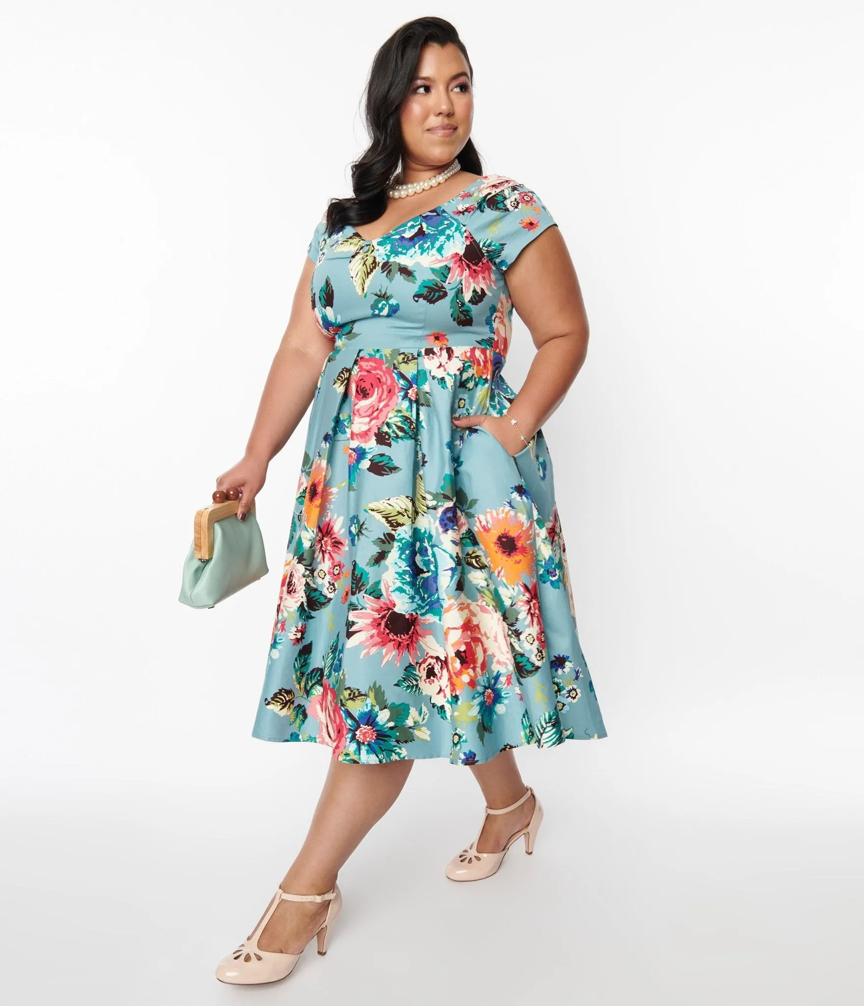 Dolly & Dotty Blue Step Back In Time Swing Dress Casual Everyday Look