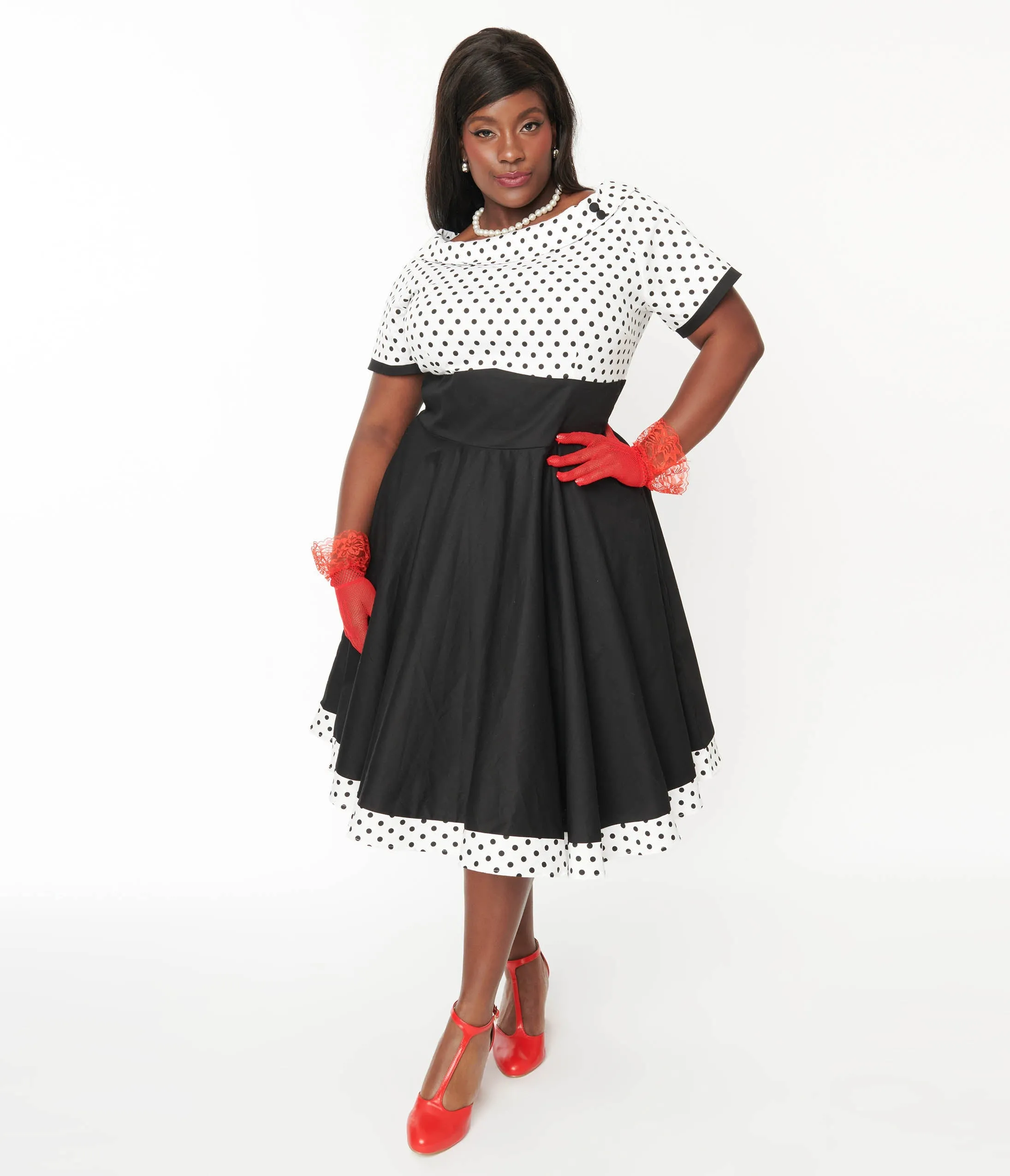Dolly & Dotty White & Black Polka Dot Retro Swing Dress Casual Everyday Look