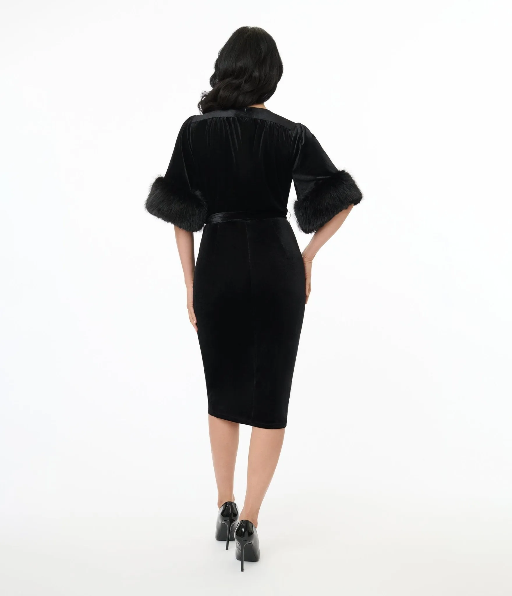 Elle Rebel 1940s Black Velvet Fifth Avenue Wrap Pencil Dress Casual Everyday Look