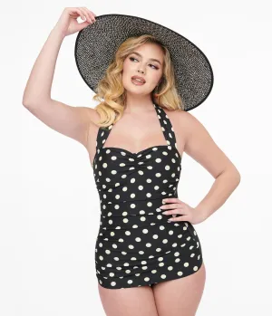 Esther Williams 1950s Black & White Polka Dot One Piece Swimsuit Beach Vacation Ready