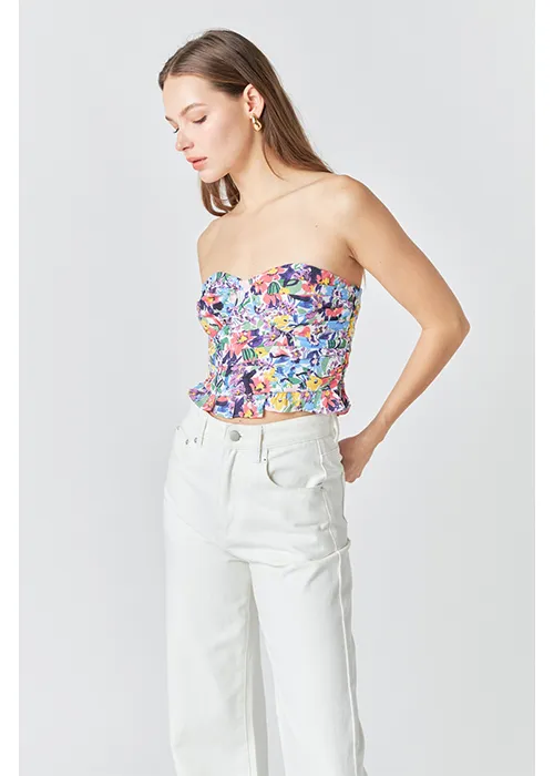Floral Ruched Strapless Top Summer Festival Tee