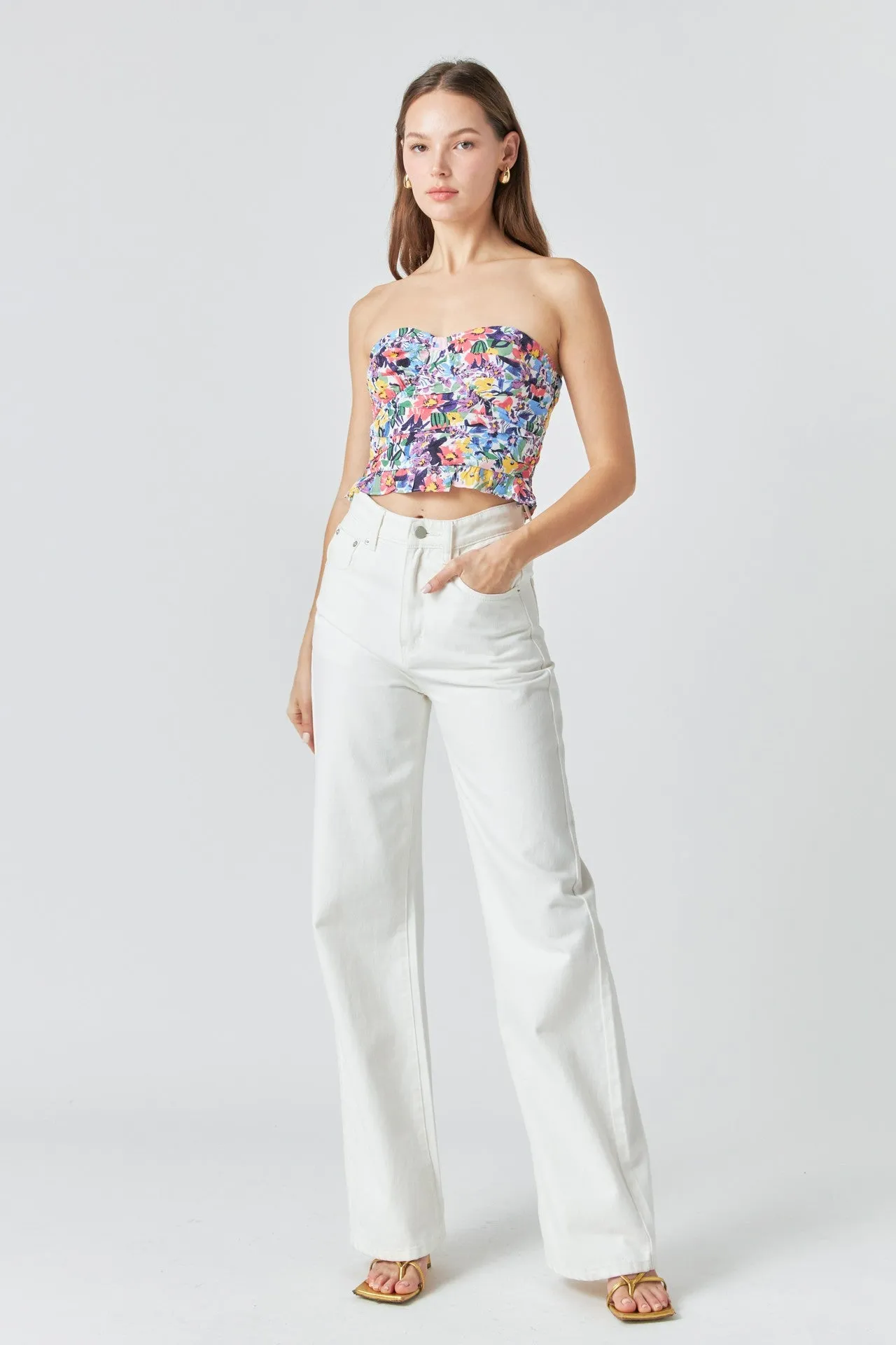 Floral Ruched Strapless Top Summer Festival Tee